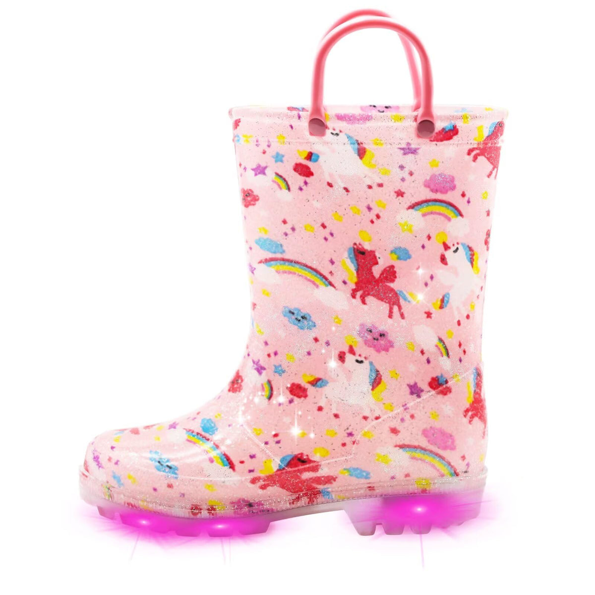 EUXTERPA Toddler Kids Light-Up Rain Boots | Waterproof, Glitter, Cartoon Pattern, Easy-On Handles, LED Flashing Non-Slip Sole, Puddle Play, Outdoor, Children Girls Boys