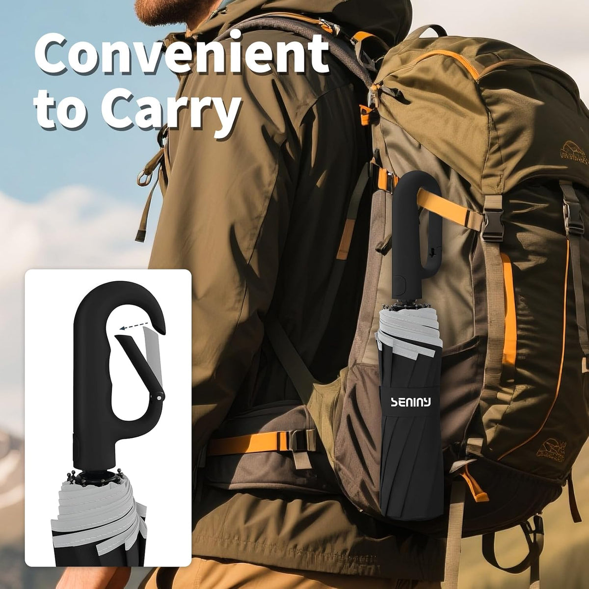 Seniny Travel Umbrella with UV Sun Protection, Large Rain Umbrellas, Black | One-Touch Automatic Umbrella with Carabiner Handle & Reflective Strip, Portable Compact Umbrella for Car Backpack