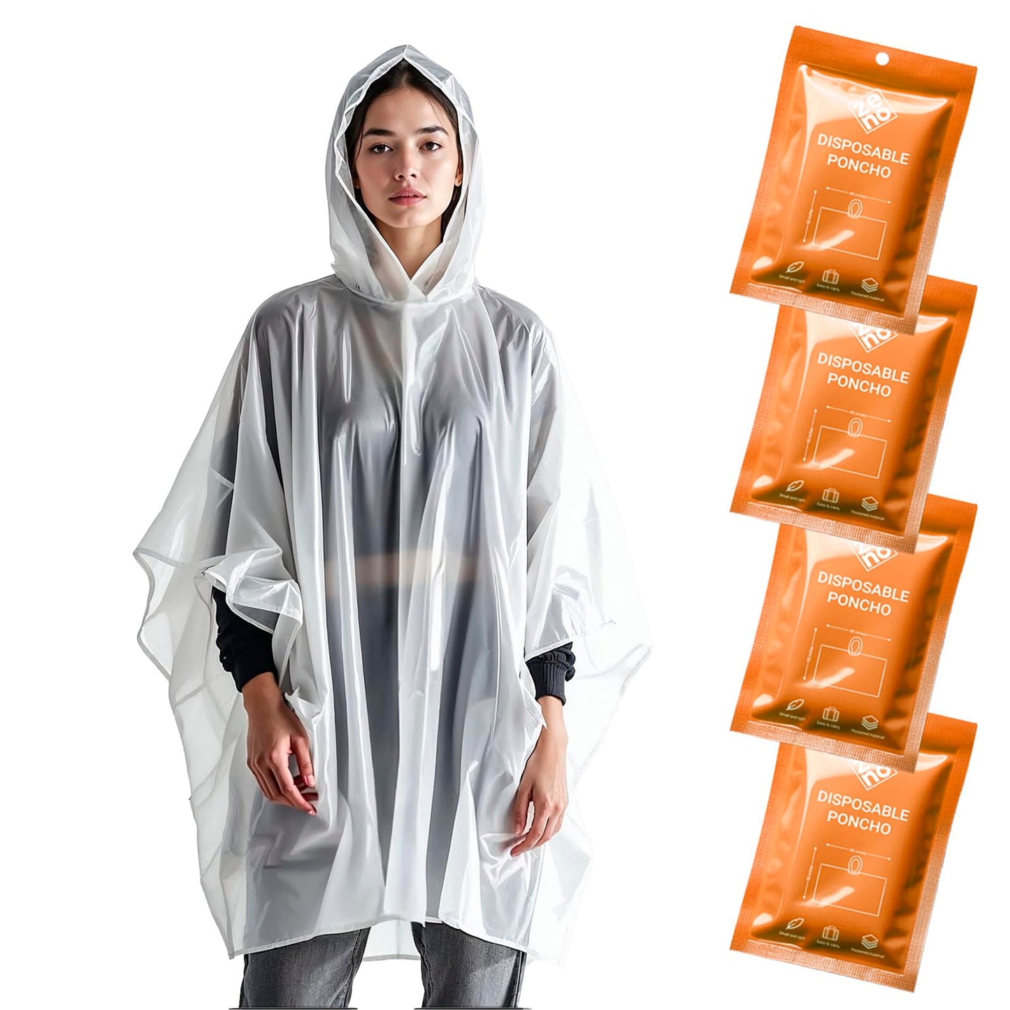 ZENO Disposable Rain Ponchos for Adults - Clear with Hood, Compact Emergency Ponchos for Hiking, Camping, Travel