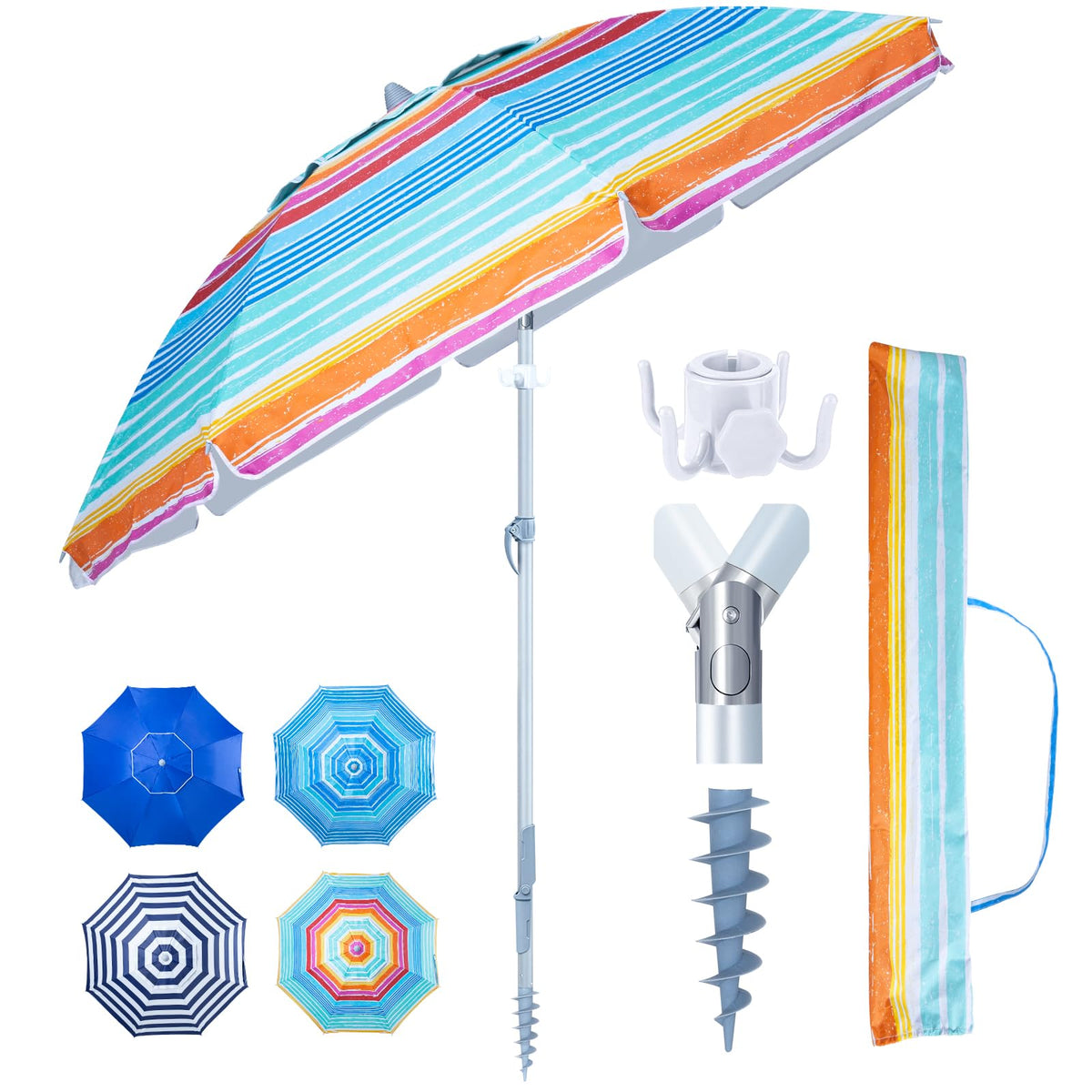 Tempera Heavy Duty High Wind Beach Umbrella with Sand Anchor & Carry Bag | Patio Outdoor Umbrella with Aluminum Frame and Push Button Tilt, Ideal for Garden Lawn, UPF 60+