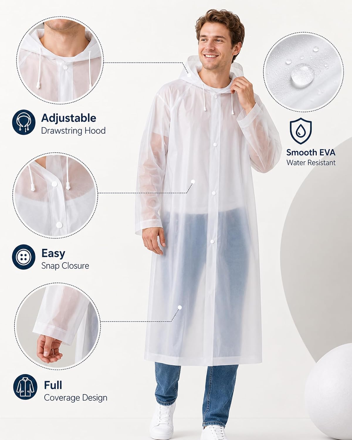 Rain Ponchos for Adults - 4 Pack Reusable EVA Waterproof Rain Jackets | 4-Pack Family Set, Drawstring Hood Snap Button Fastener Wide Cuff Packable for Theme Park Concert Sports Fishing Emergency