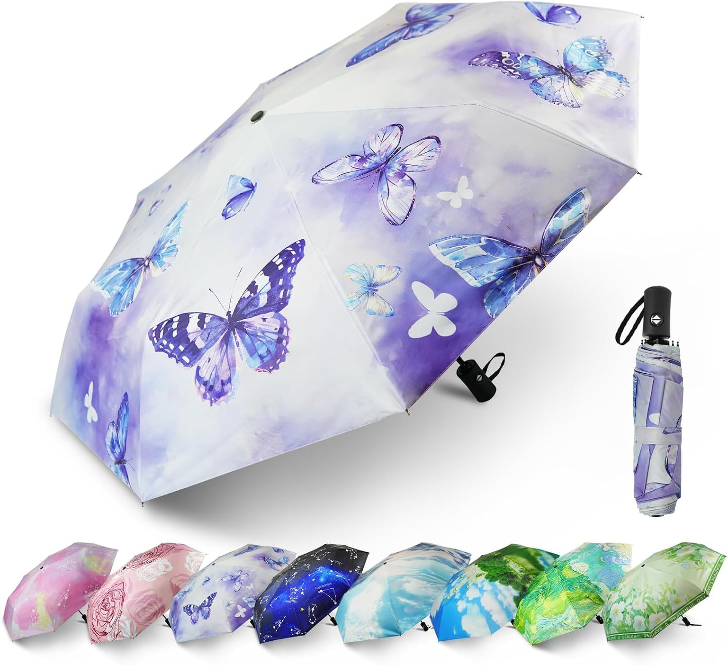 SY COMPACT Travel Umbrella - Windproof Automatic Compact Umbrellas for Rain | Small & Portable, UV Sun Protection, 11" Folded Travel Size, Fits in Backpack & Car, for Walking & Commutes, Factory Direct