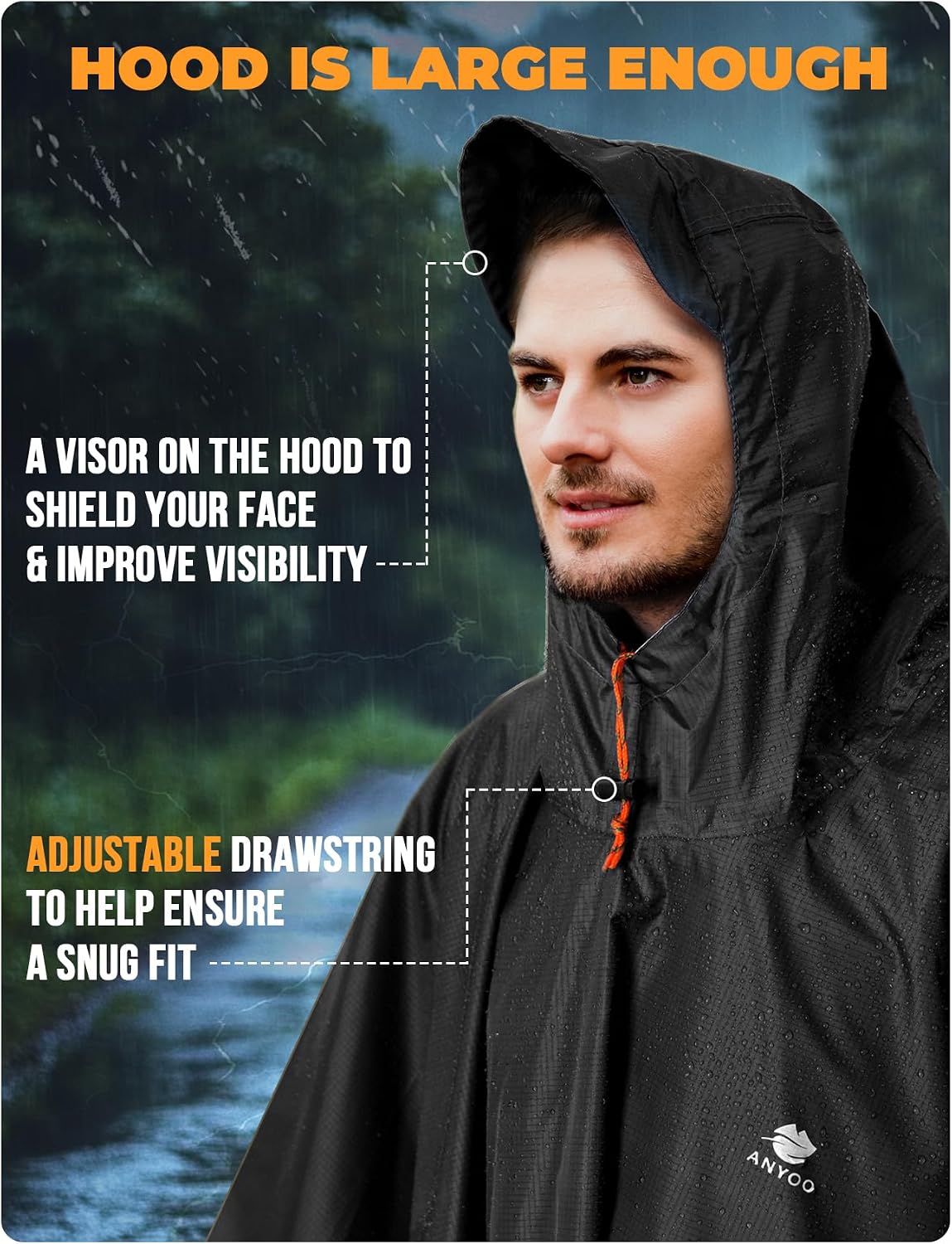 ANYOO Hooded Rain Poncho for Adult Waterproof Lightweight Raincoat | Reusable Rain Jacket for Men Women Portable Pouch & Packable Design,Emergency Travel Rain Ponchos for Outdoor Hiking Camping