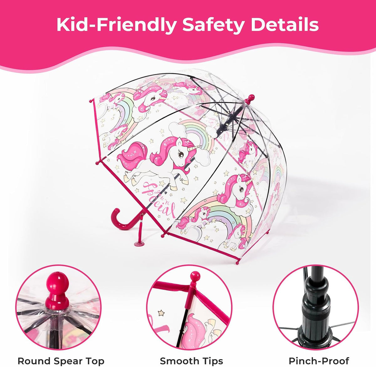 Kids Clear Bubble Umbrella for Rain, Easy Grip, Girls Boys | 39 In Transparent Dome, Windproof, Pinch-Proof Closure, Rounded Tips, Lightweight, School, Travel, Toddler, Rain Gear