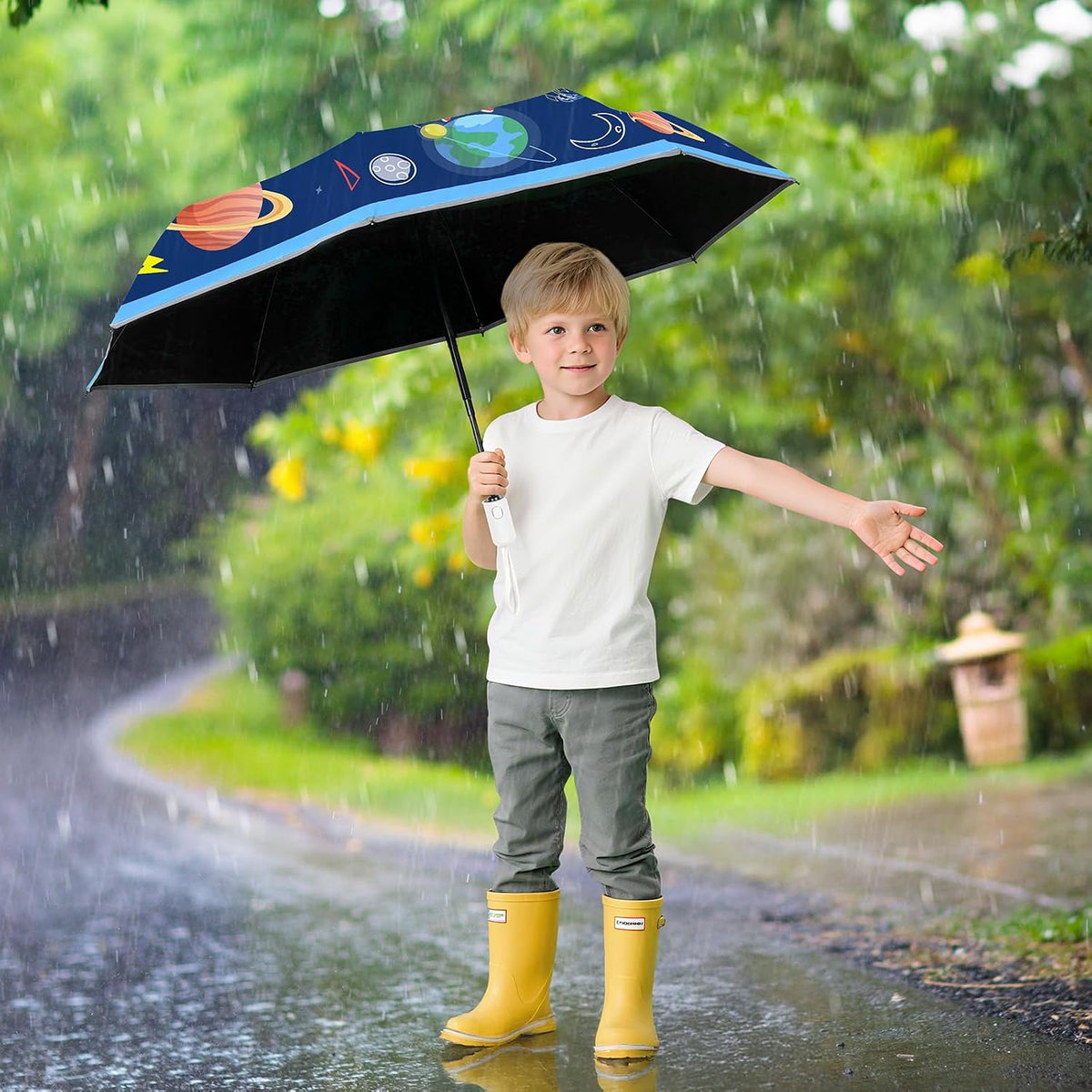 Autoamtic Kids Umbrella UV Resistant, Folding Compact Umbrella 360° Reflective Strip for Travel Outdoor, Lightweight Cute Kids Parasol Anti-rebound Safe for Toddler