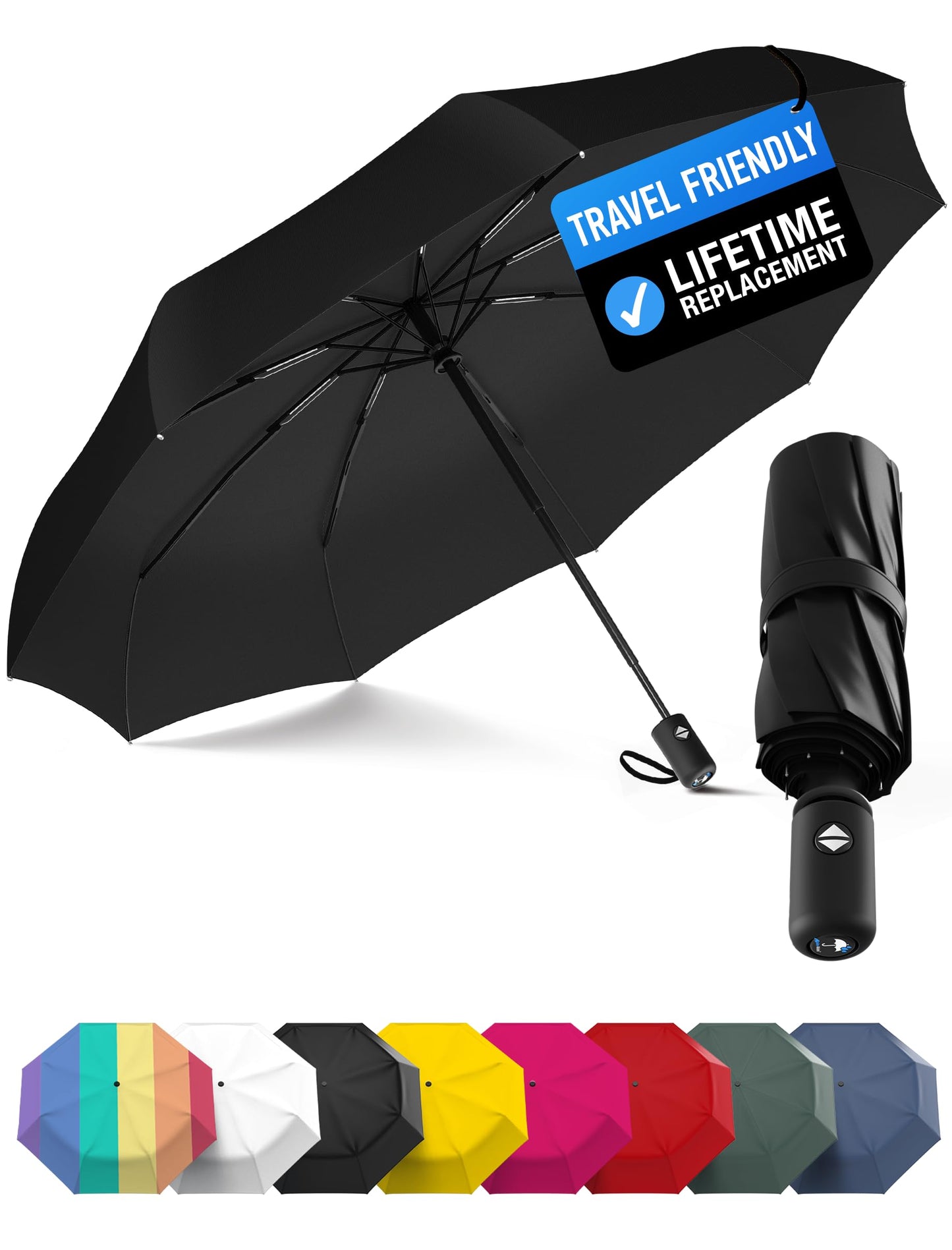 Rain-Mate Windproof Compact Umbrellas for Rain - Strong Reinforced Fiberglass Rib Design & Auto Open & Close - Portable Folding Travel Umbrella - Lightweight & Packable for Women & Men, Easy Collapse