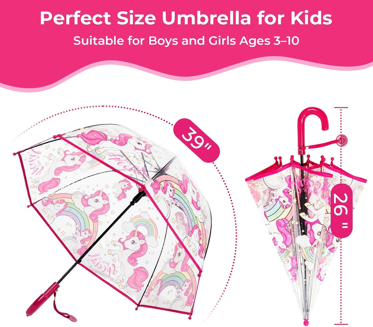 Kids Clear Bubble Umbrella for Rain, Easy Grip, Girls Boys | 39 In Transparent Dome, Windproof, Pinch-Proof Closure, Rounded Tips, Lightweight, School, Travel, Toddler, Rain Gear
