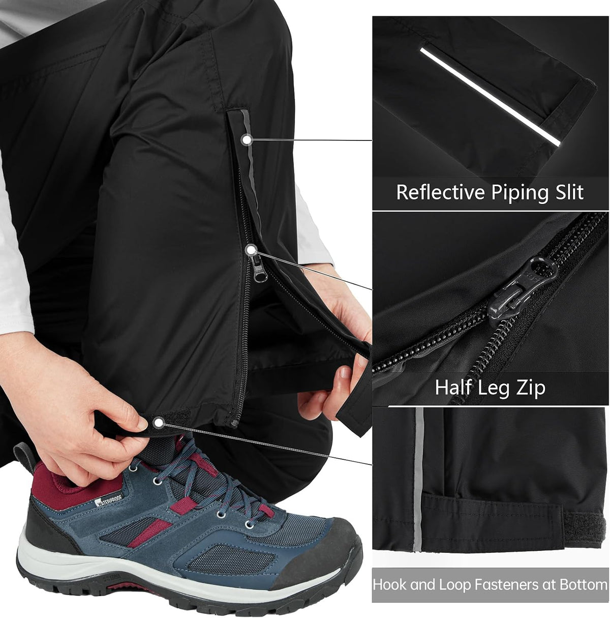 33,000ft Women's Rain Pants, Lightweight Waterproof Rain Over Pants | Windproof Hiking Pants with Mesh Lining for Outdoor, Fishing, Golf, Rainy Day, Zipper Pockets, Reflective Strip, Hook & Loop