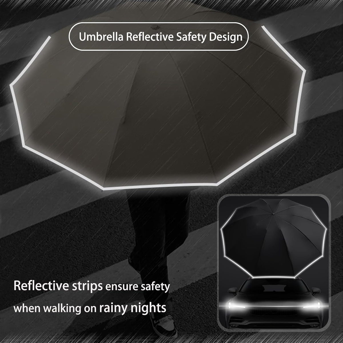 Ring Buckle Fully Automatic Umbrella, Reflective Safety Strip, Sturdy Windproof, Reverse Automatic, Travel Portable, Compact Folding (Blue)