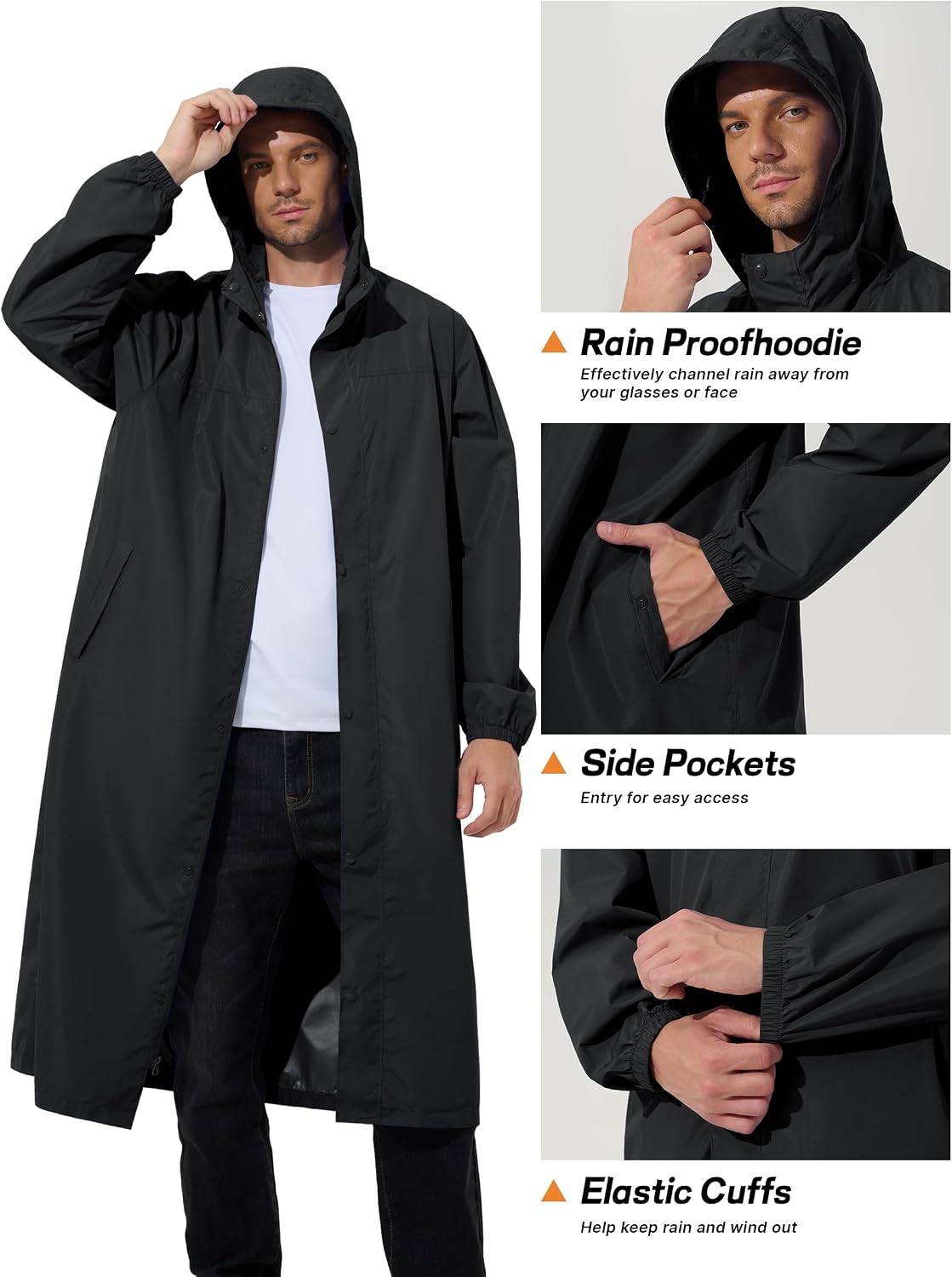 UIQUR Mens Long Rain Jacket Raincoat Waterproof Rain Poncho | Lightweight Packable Windbreaker For Hiking, Cycling, Running, Fishing ,Golf,Rainy-day work