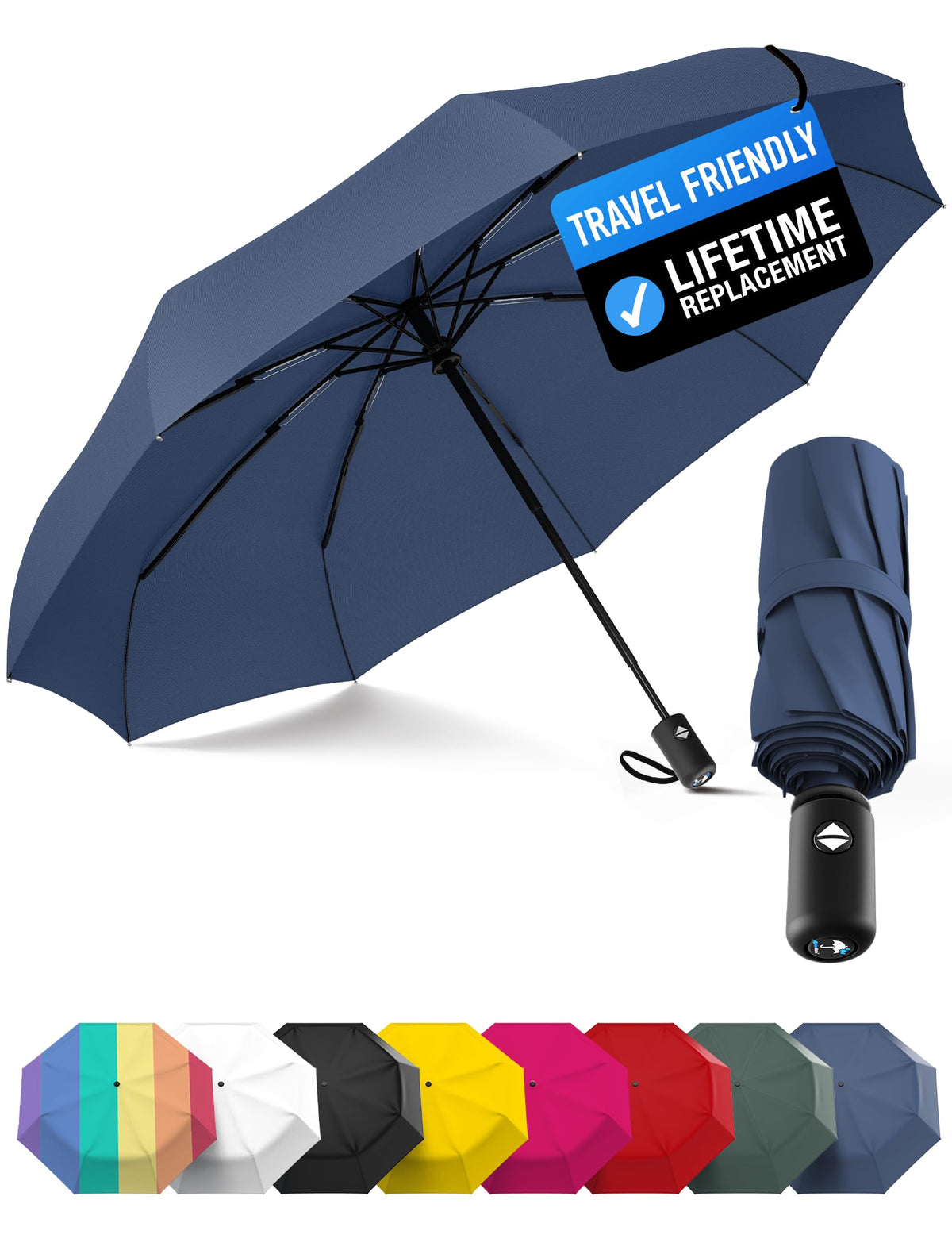 Rain-Mate Windproof Compact Umbrellas for Rain - Strong Reinforced Fiberglass Rib Design & Auto Open & Close - Portable Folding Travel Umbrella - Lightweight & Packable for Women & Men, Easy Collapse