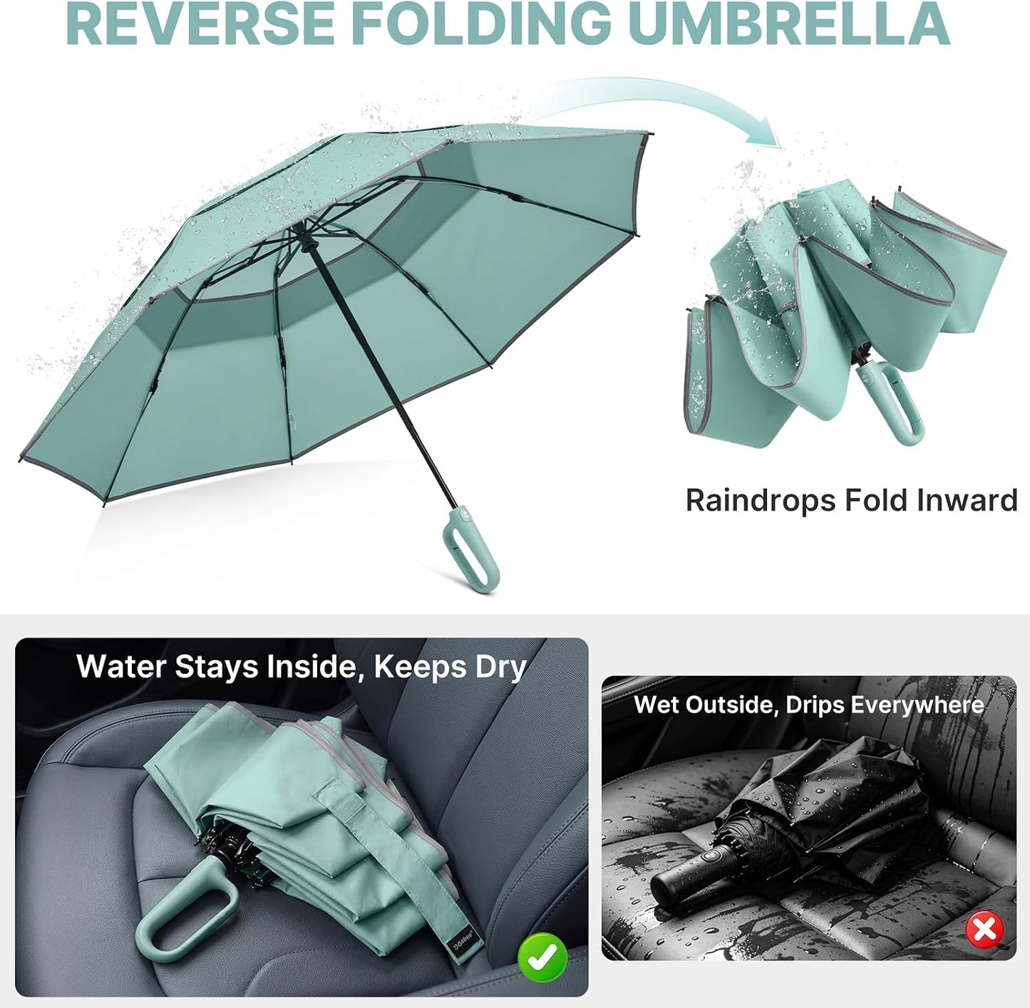 G4Free 46inch Ring Buckle Umbrella, Inverted Design with Carabiner Handle | Compact Travel Umbrella with Reflective Strip, Automatic Windproof for Rain