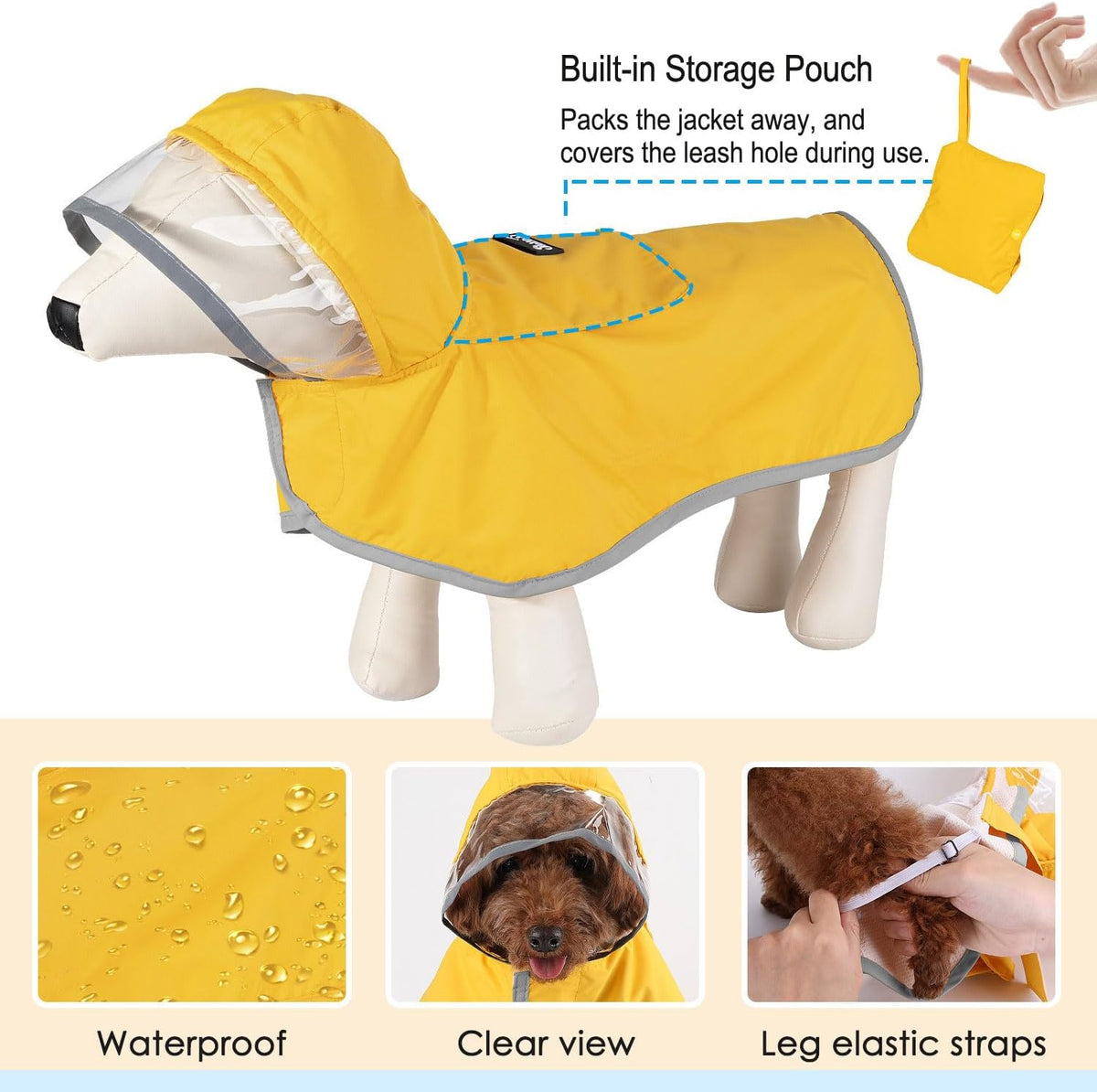 Lukovee Dog Raincoat, Waterproof Rain Jacket, Clear Hood & Reflective Rim | Easy On Off Adjustable Straps, Leash Hole, Soft Mesh Lining, Storage Pocket, Poncho for Small Medium Large Dogs (Yellow, 2XL)