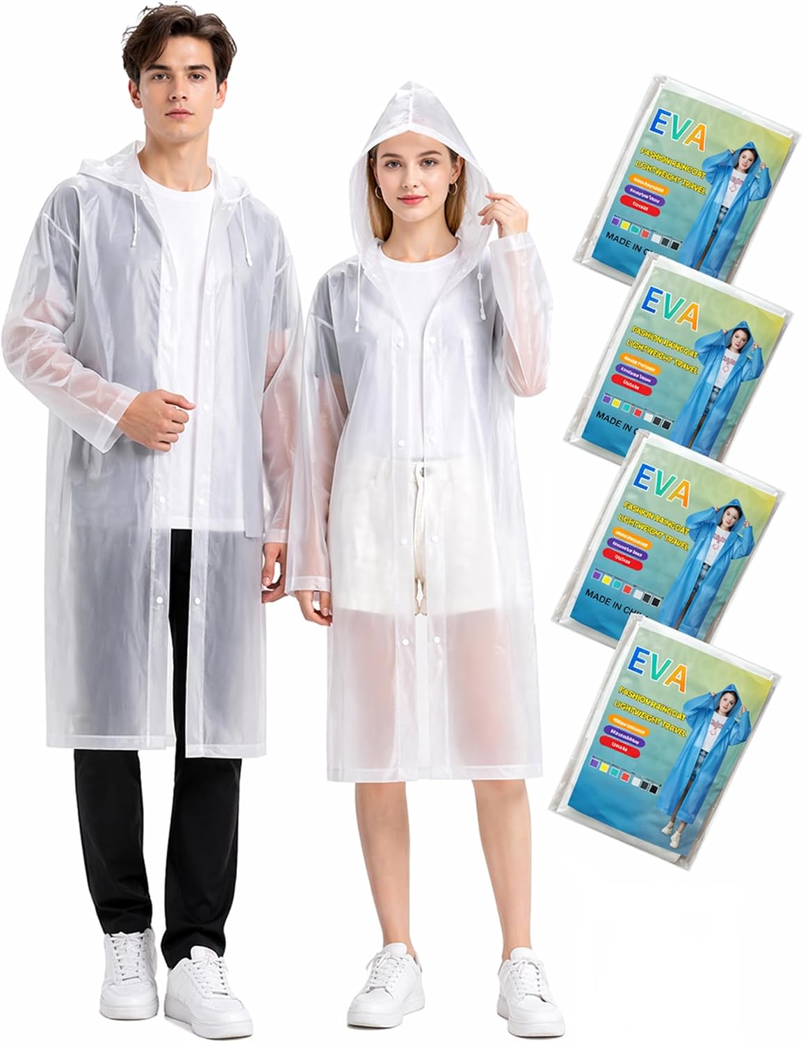 Rain Ponchos for Adults - 4 Pack Reusable EVA Waterproof Rain Jackets | 4-Pack Family Set, Drawstring Hood Snap Button Fastener Wide Cuff Packable for Theme Park Concert Sports Fishing Emergency