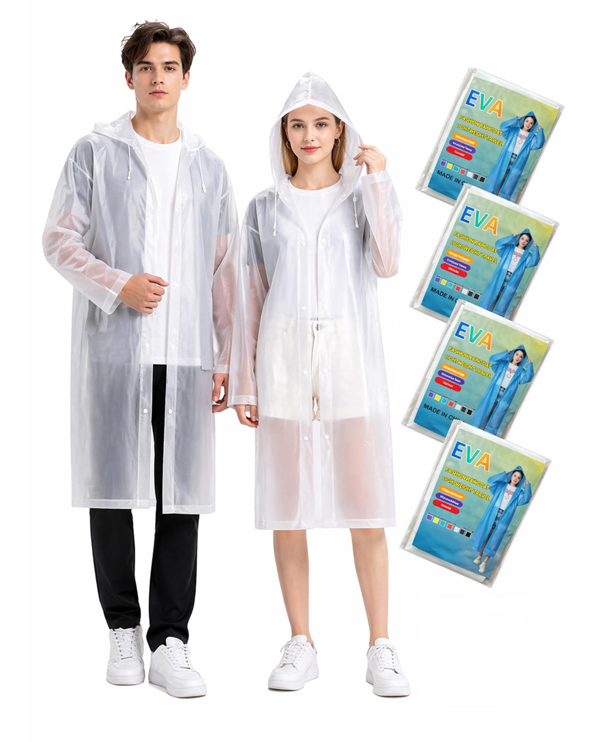 Rain Ponchos for Adults - 4 Pack Reusable EVA Waterproof Rain Jackets | 4-Pack Family Set, Drawstring Hood Snap Button Fastener Wide Cuff Packable for Theme Park Concert Sports Fishing Emergency