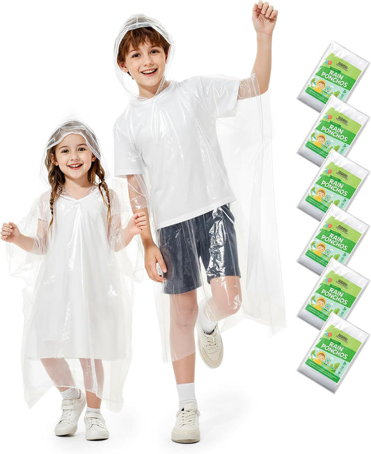 Hitituto Rain Ponchos Family Pack Kids– 6/12/24 Pack Disposable Poncho with Hood, Clear & Assorted Colors, Home Survival Kits