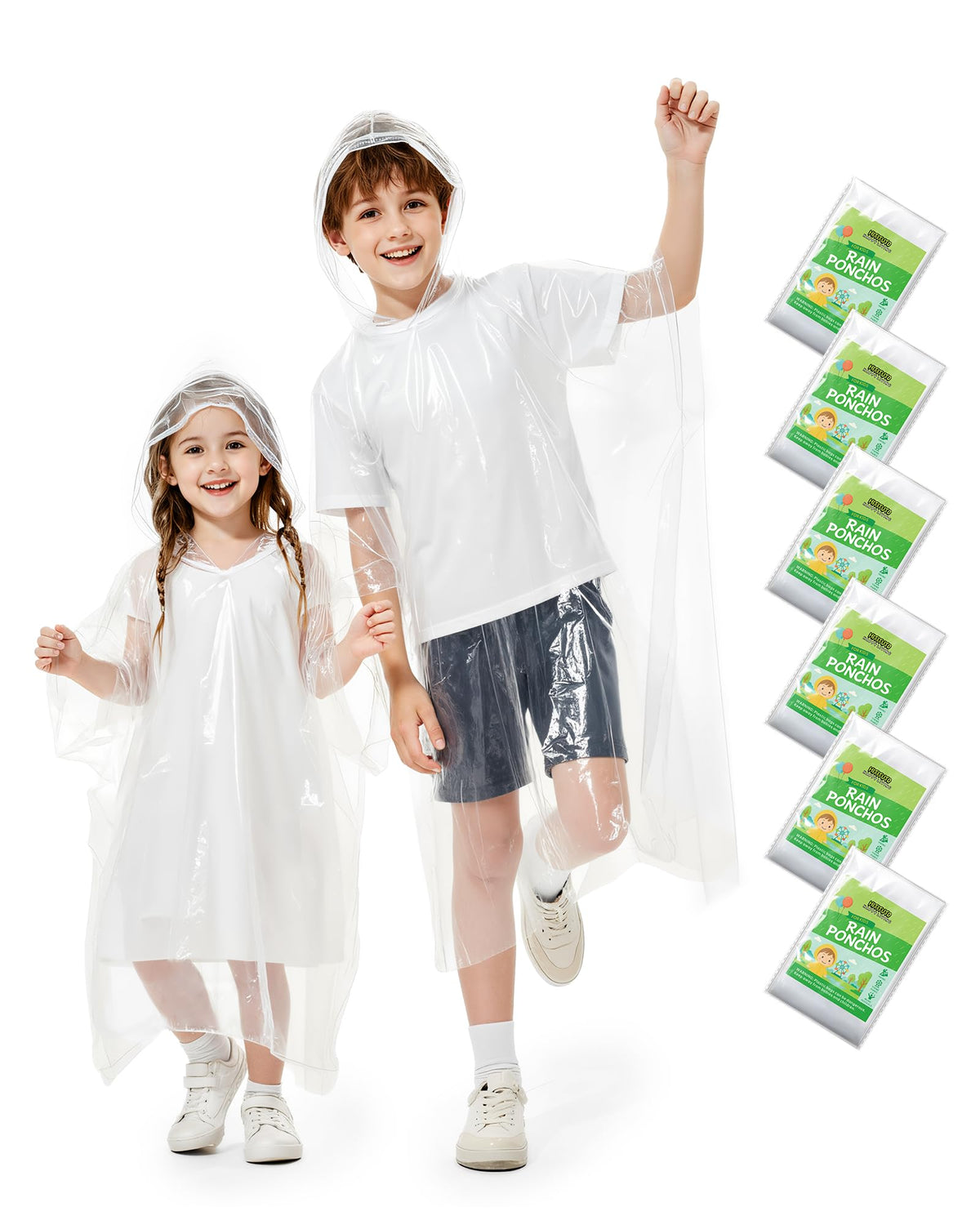 Hitituto Rain Ponchos Family Pack Kids– 6/12/24 Pack Disposable Poncho with Hood, Clear & Assorted Colors, Home Survival Kits