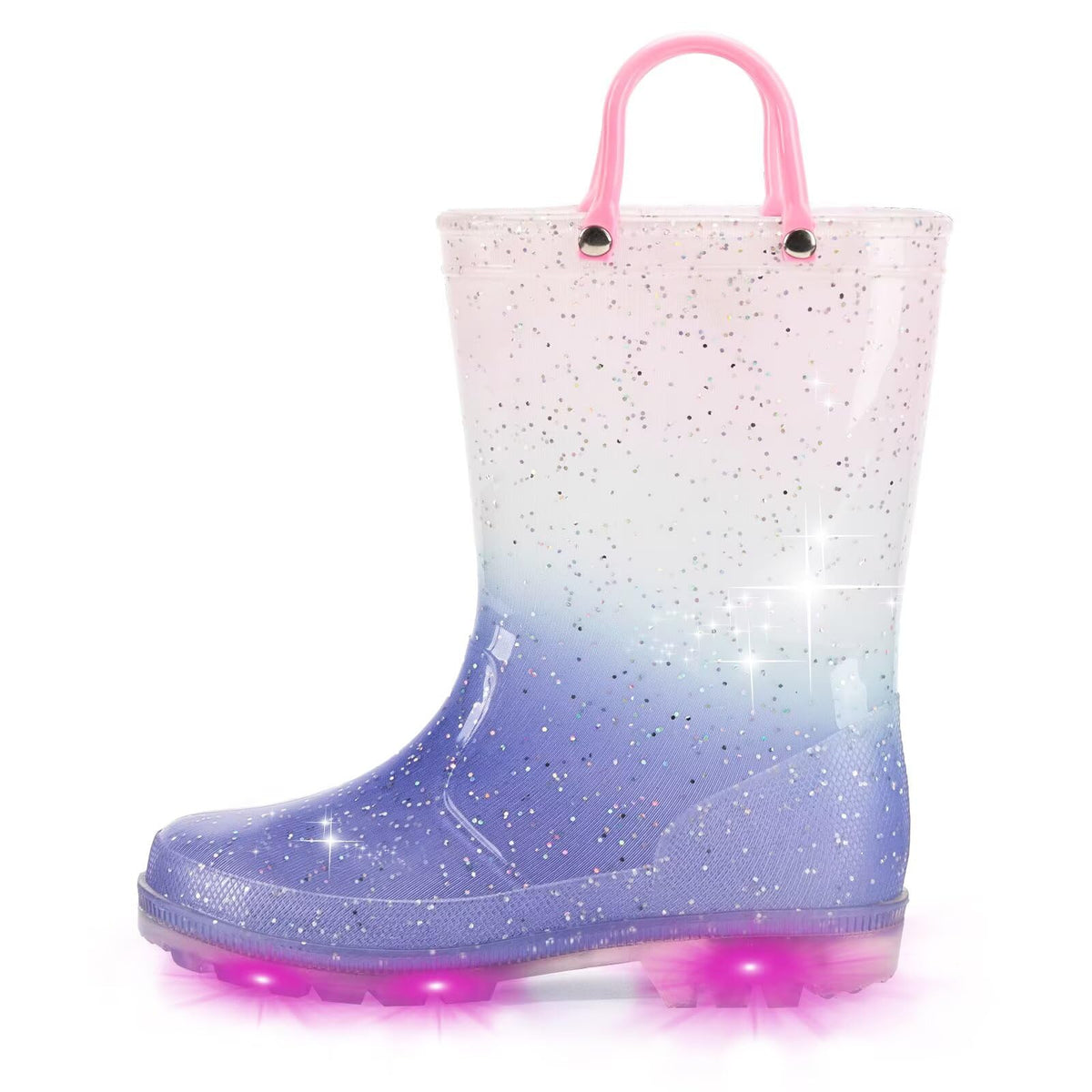 EUXTERPA Toddler Kids Light-Up Rain Boots | Waterproof, Glitter, Cartoon Pattern, Easy-On Handles, LED Flashing Non-Slip Sole, Puddle Play, Outdoor, Children Girls Boys