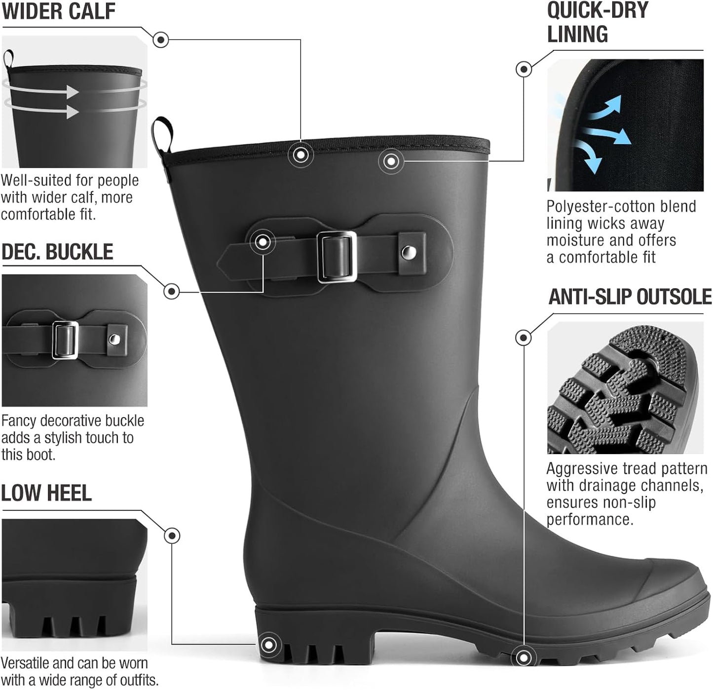 HISEA Women's Waterproof Rubber Rain Boots Lightweight Garden Shoes | Mid Calf Footwear, Anti-Slip Sole, Wide Mud Boots Warm and Comfortable for Barn, Yard Work, Walking