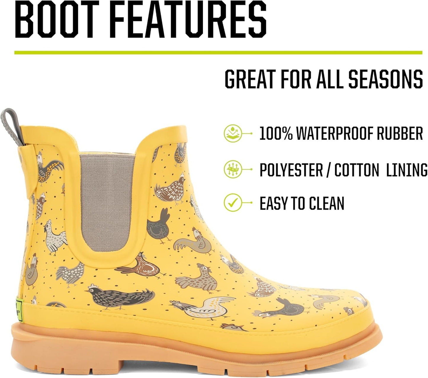 Western Chief Women's Waterproof Pull-On Chelsea Rain Boot with Fun Prints | Ladies slip-on ankle boots with rubber sole, cushioned EVA insole, built for wet days and styled for any occasion