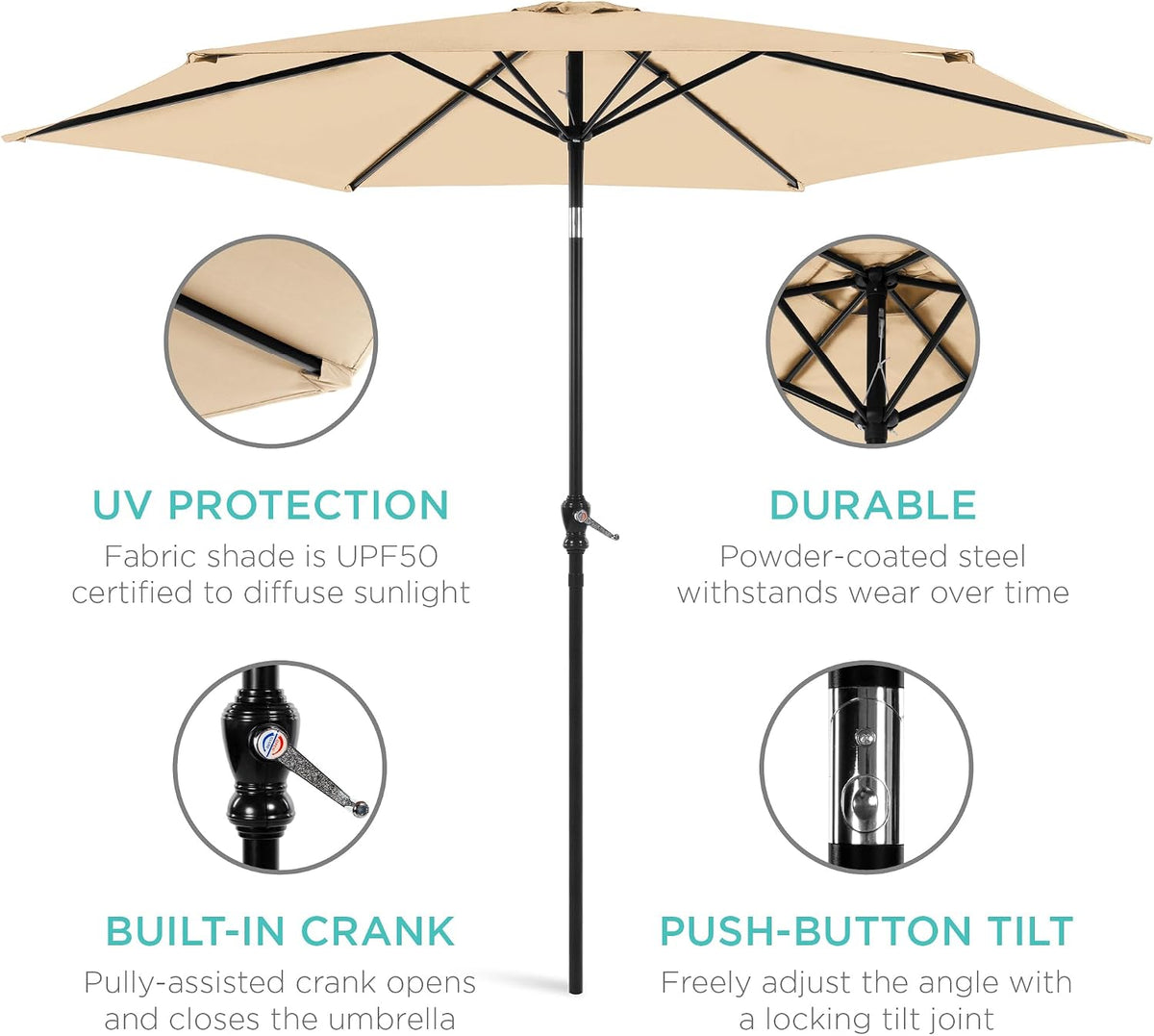 Best Choice Products 10ft Outdoor Patio Umbrella, Outdoor Table Umbrella, Yard Umbrella, Market Umbrella with 6 Sturdy Ribs, Push Button, Tilt and Crank - Sand