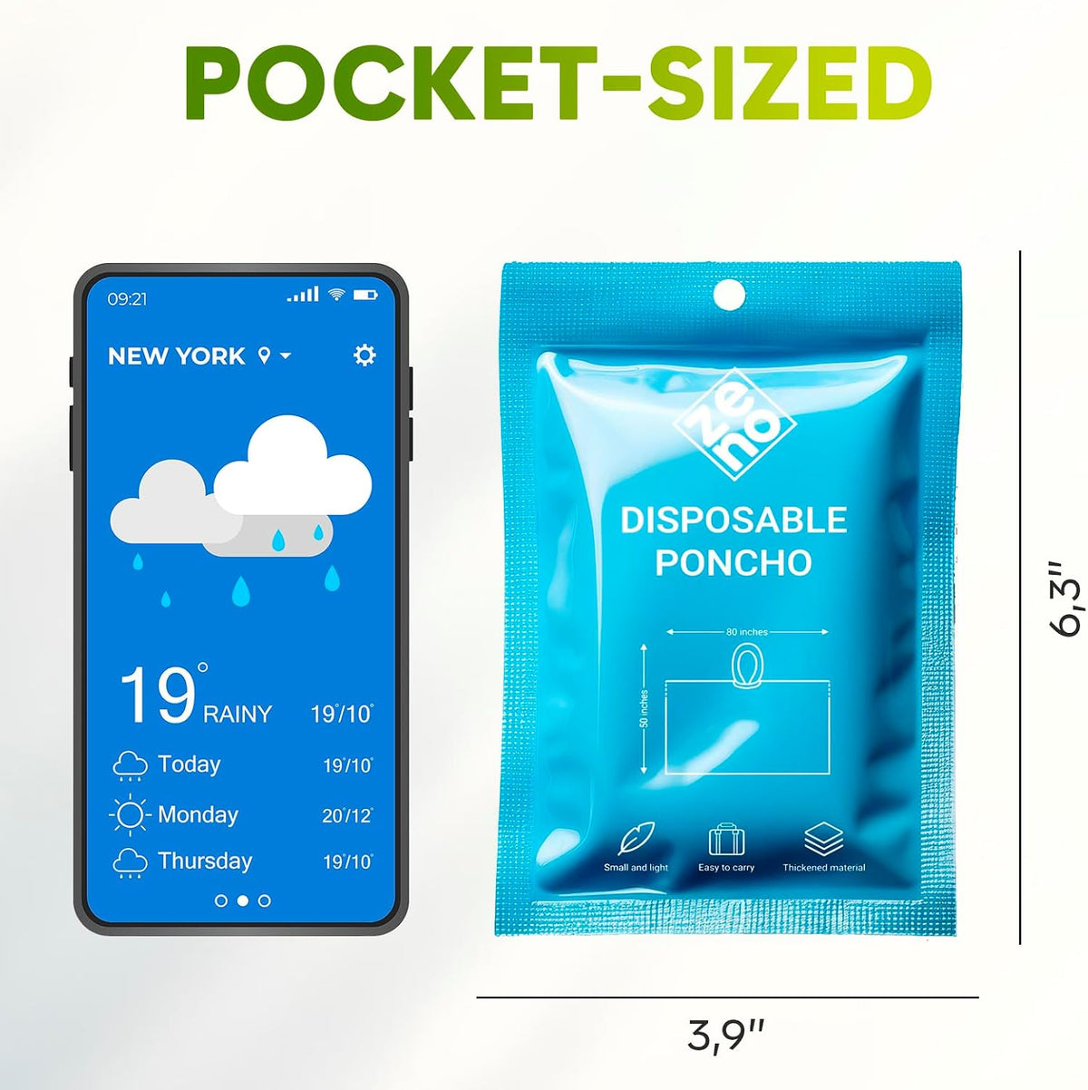ZENO Disposable Rain Ponchos for Adults - Clear with Hood, Compact Emergency Ponchos for Hiking, Camping, Travel
