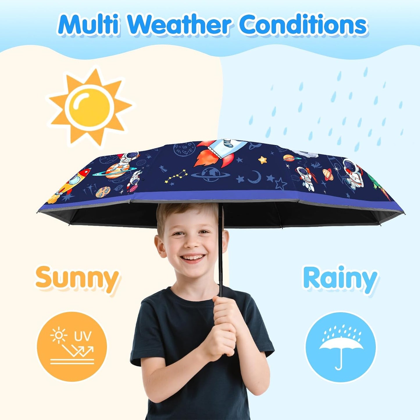 Kids Folding Umbrella Auto Open/Close Anti-rebound Safe Design UV Resistant Automatic Children Travel Umbrellas 8 Rib Reinforced Canopy 360° Reflective Strip Lightweight Cute Umbrella for Girls & Boys