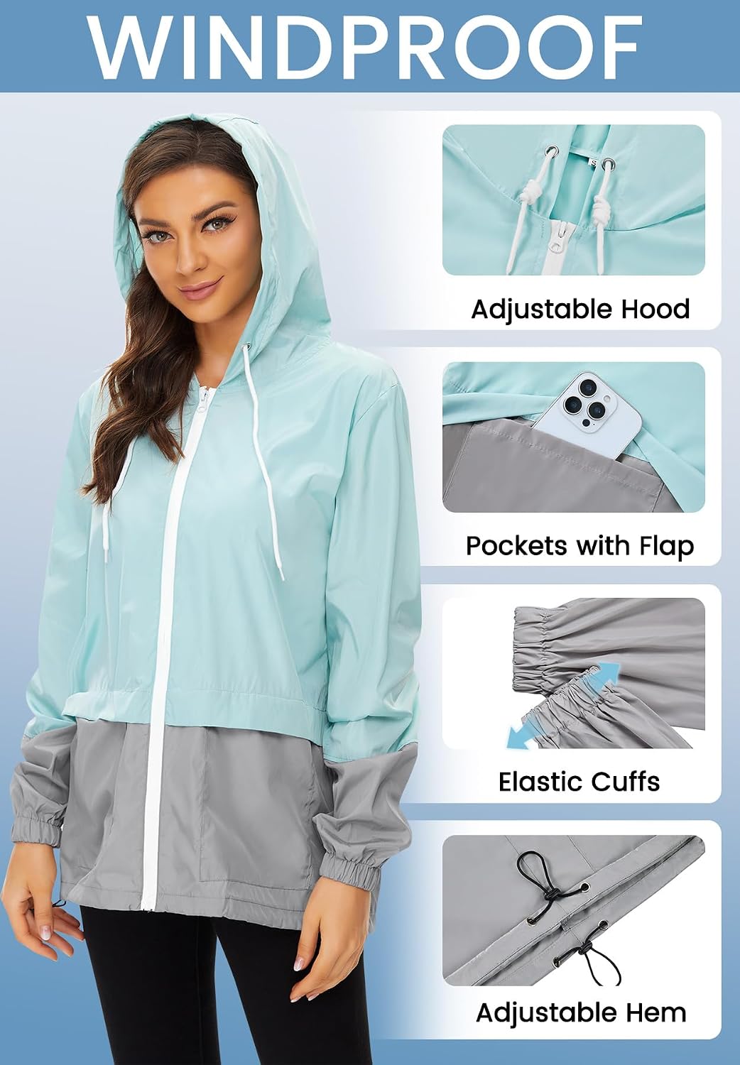 Zando Lightweight Rain Jacket Women Packable Waterproof Raincoat with Hood | Windbreaker Jacket Women, Light Raincoats for Drizzle, Rain Coats for Travel, Hiking and Commute