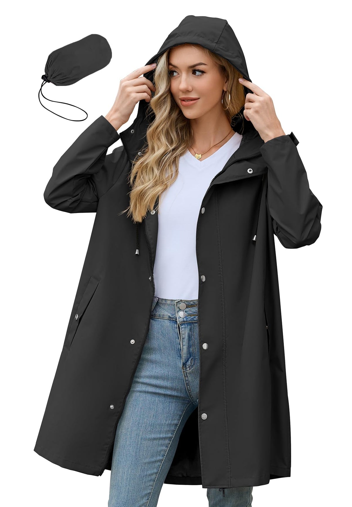 Zando Long Packable Rain Jacket Women Waterproof Raincoat with Hood | Relaxed-Fit Lightweight Windbreaker for Women; Travel Rain Coats for Commute, Hiking, Cruise, and Daily wear