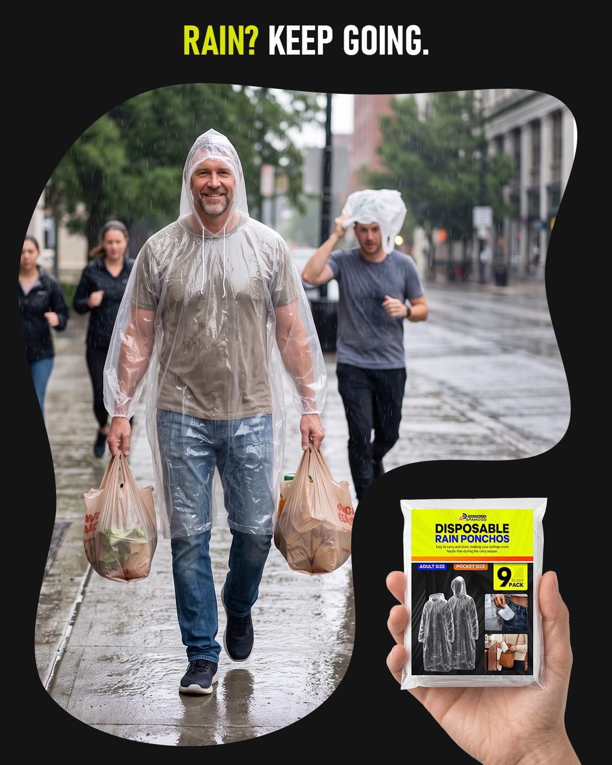 Disposable Rain Ponchos for Adults, 9 Pack Emergency Ponchos | Waterproof, Lightweight, Clear Raincoats with Drawstring Hood & Elastic Cuffs, Individually Packed for Travel Camping Hiking