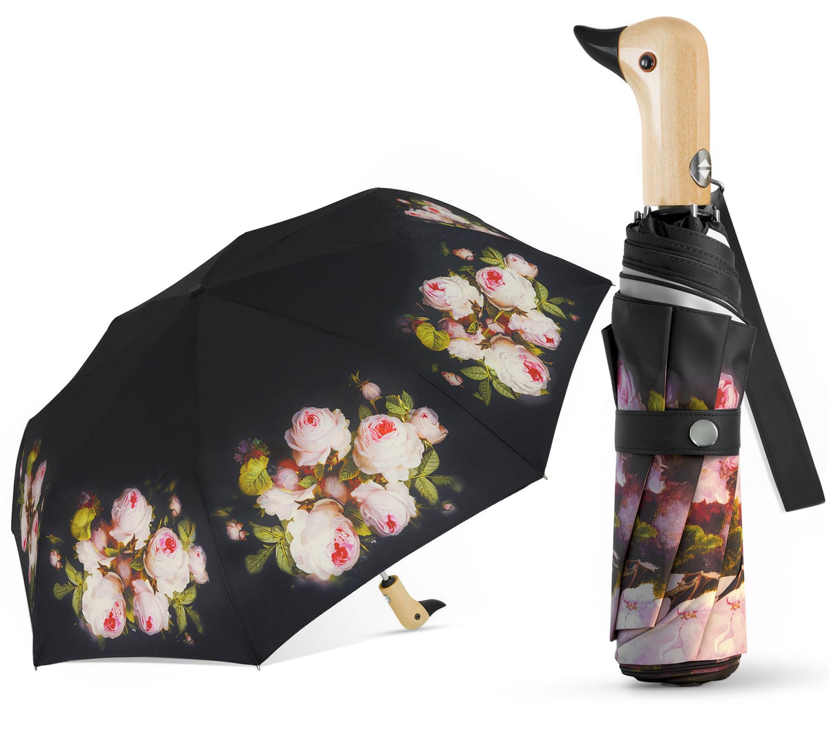 Duck Umbrella Cute Automatic Travel Size Compact Folding for Adults | Automatic duck wooden handle,Fit in handbag/backpack/suitcase,ideal gifts for women and kids