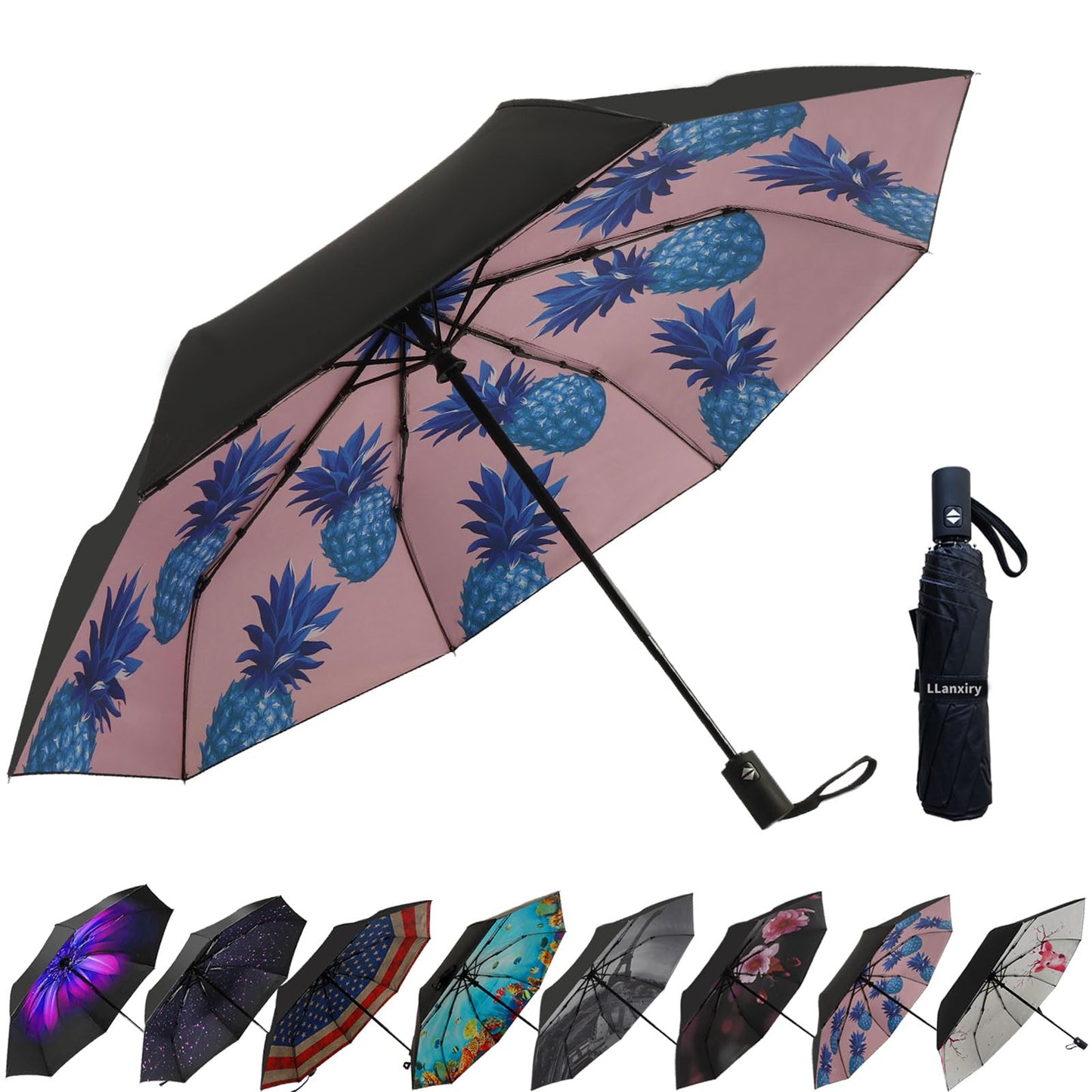 LLanxiry Compact Travel Umbrella, Windproof Automatic Umbrellas for Rain | Small, Portable, Folding, Lightweight, Waterproof, Backpacks, Purses, Cars, Commuting, Walk, School, Men, Women