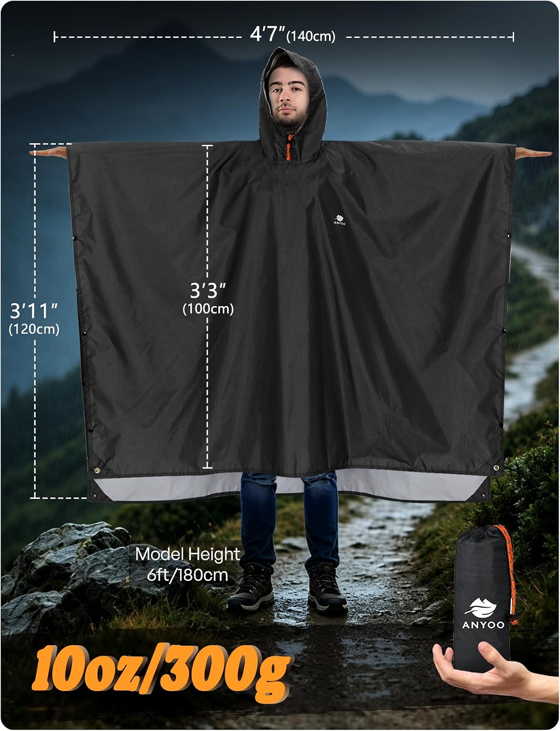 ANYOO Hooded Rain Poncho for Adult Waterproof Lightweight Raincoat | Reusable Rain Jacket for Men Women Portable Pouch & Packable Design,Emergency Travel Rain Ponchos for Outdoor Hiking Camping