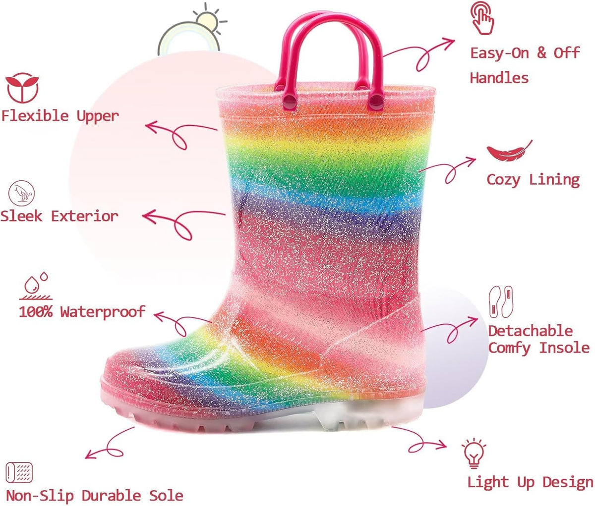 EUXTERPA Toddler Kids Light-Up Rain Boots | Waterproof, Glitter, Cartoon Pattern, Easy-On Handles, LED Flashing Non-Slip Sole, Puddle Play, Outdoor, Children Girls Boys