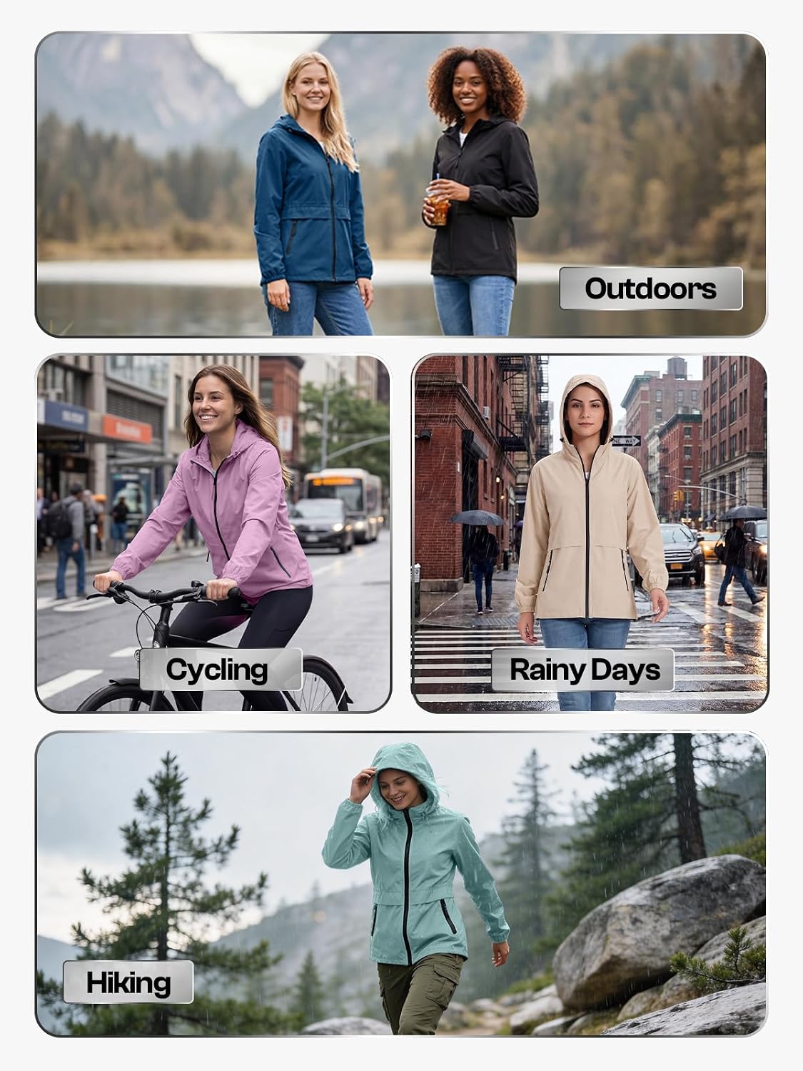 SaphiRose Lightweight Rain Jacket Women Waterproof Raincoat Packable | raincoat, rain coat, windbreaker, zip pockets, drawstring hem, hiking, camping, travel, ultra-portable
