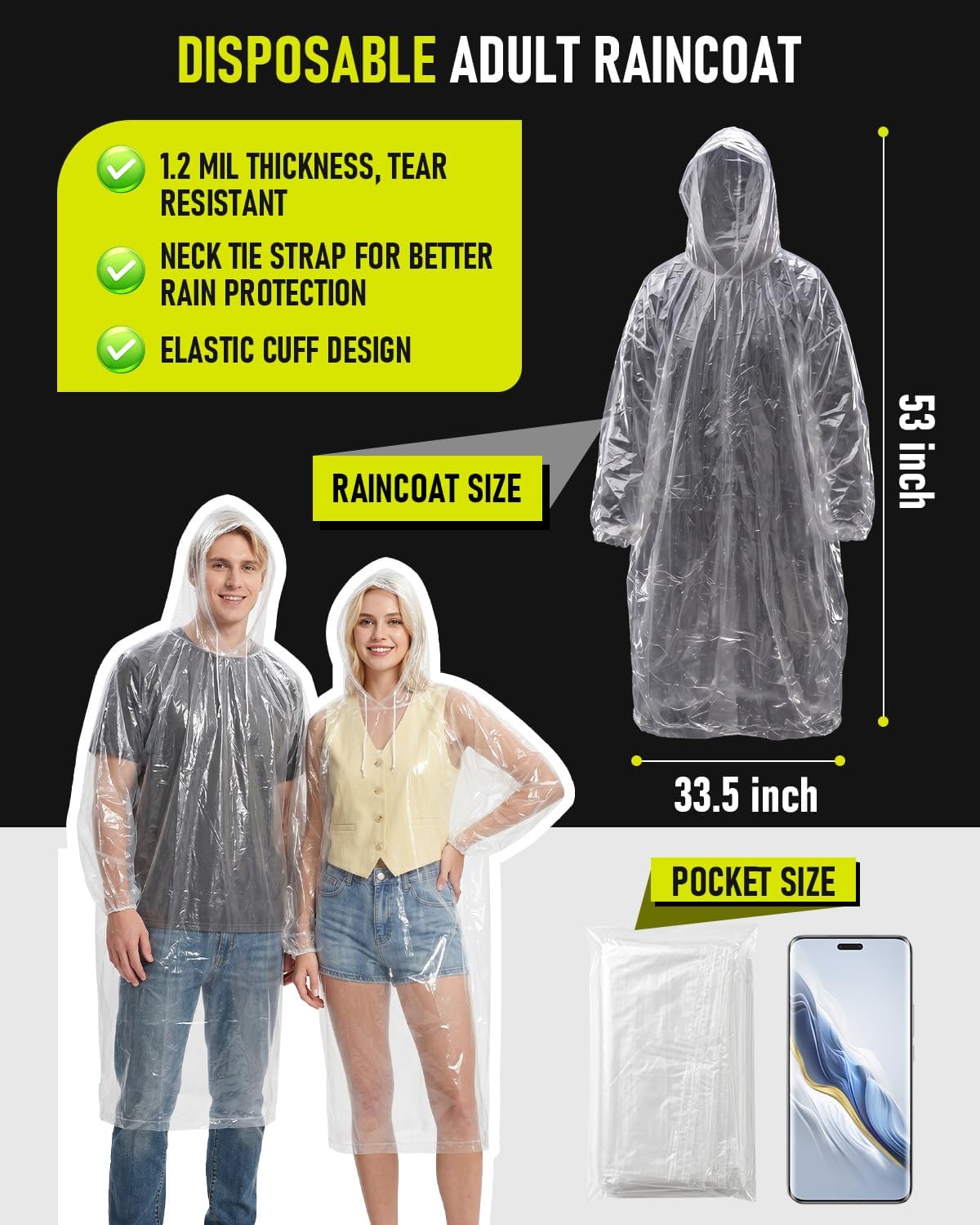 Disposable Rain Ponchos for Adults, 9 Pack Emergency Ponchos | Waterproof, Lightweight, Clear Raincoats with Drawstring Hood & Elastic Cuffs, Individually Packed for Travel Camping Hiking