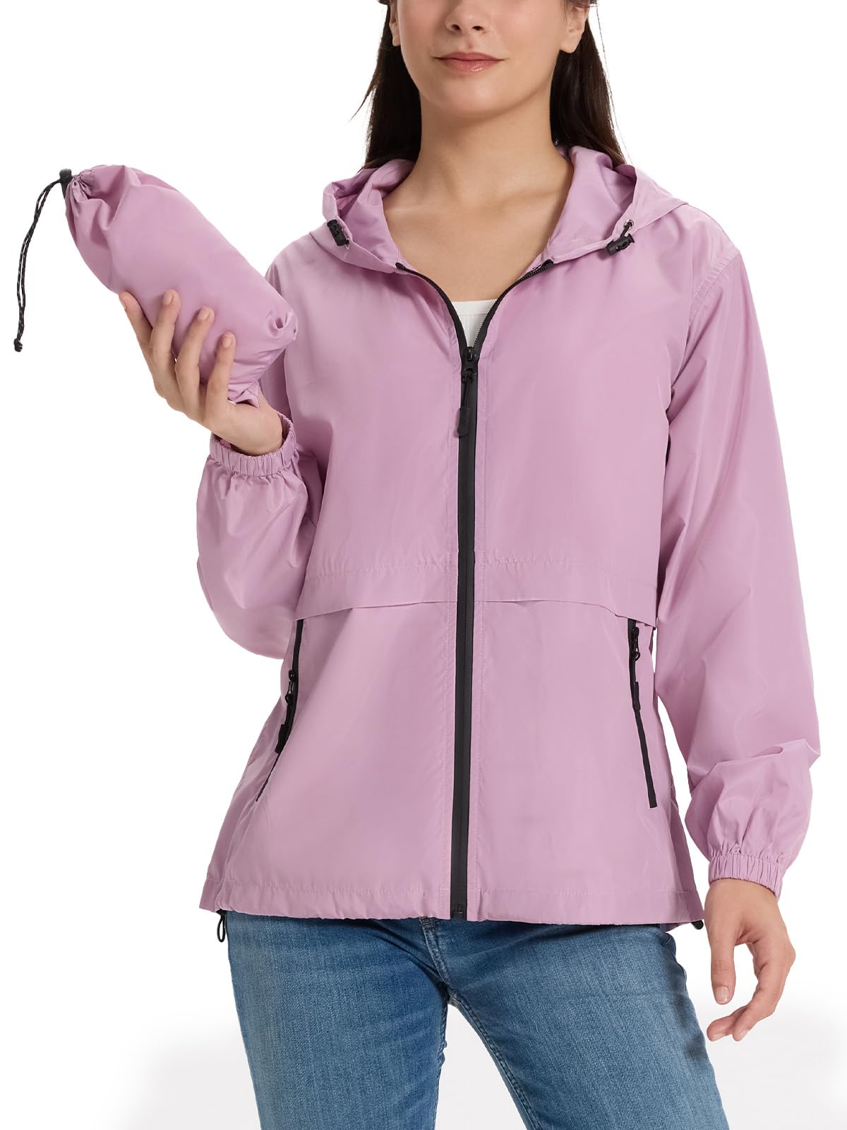 SaphiRose Lightweight Rain Jacket Women Waterproof Raincoat Packable | raincoat, rain coat, windbreaker, zip pockets, drawstring hem, hiking, camping, travel, ultra-portable