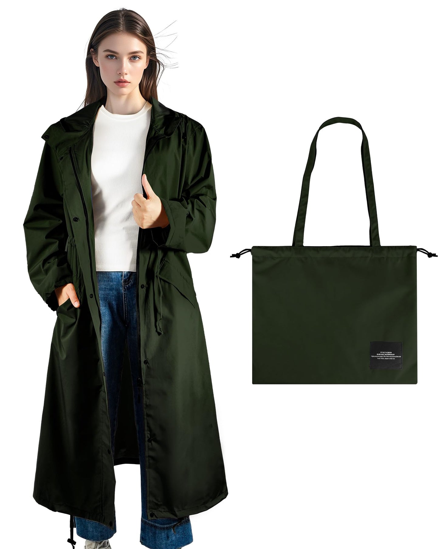 LAMA Womens Long Raincoats Rain Jacket Waterproof Packable Hooded Windbreaker Lightweight Adjustable Waist for Outdoor