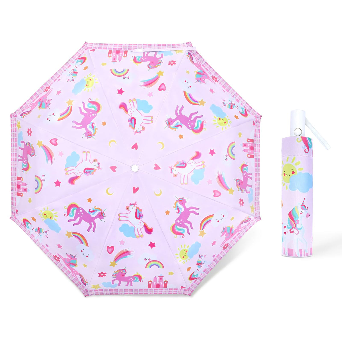 Kids Folding Umbrella Auto Open/Close Anti-rebound Safe Design UV Resistant Automatic Children Travel Umbrellas 8 Rib Reinforced Canopy 360° Reflective Strip Lightweight Cute Umbrella for Girls & Boys