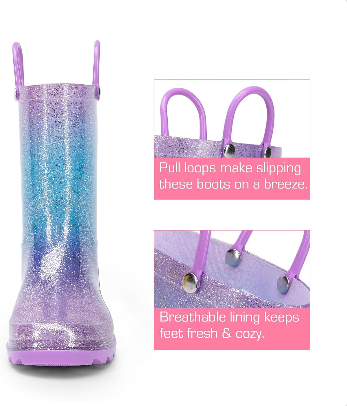 DREAM PAIRS Kids Glitter Rain Boots | Waterproof,Easy-on handles,Lightweight,Non-Slip sole,Rain puddle outdoor play,Girls Boys Toddler