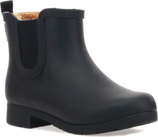 Chooka Women's Delridge Waterproof Faux Fur Chelsea Rain Boot Slip On | Ladies pull-on street style shoes with plush lining, built for puddles, styled for the city