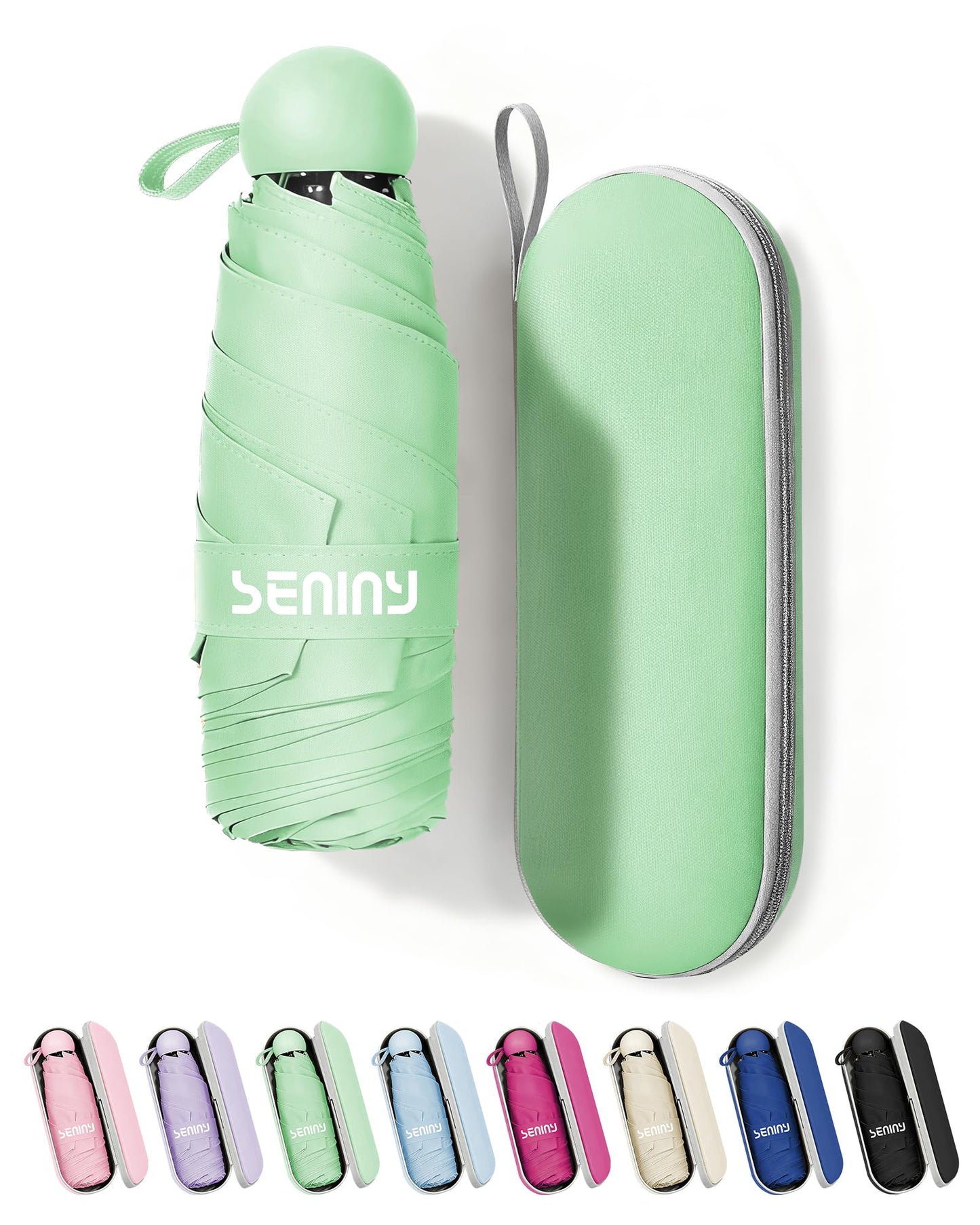 Seniny Mini Travel Umbrella with Case, Compact Pocket Size UV Sun & Rain | Tiny purse size fits pocket, UV protection waterproof fabric, lightweight folding, great for women kids daily travel