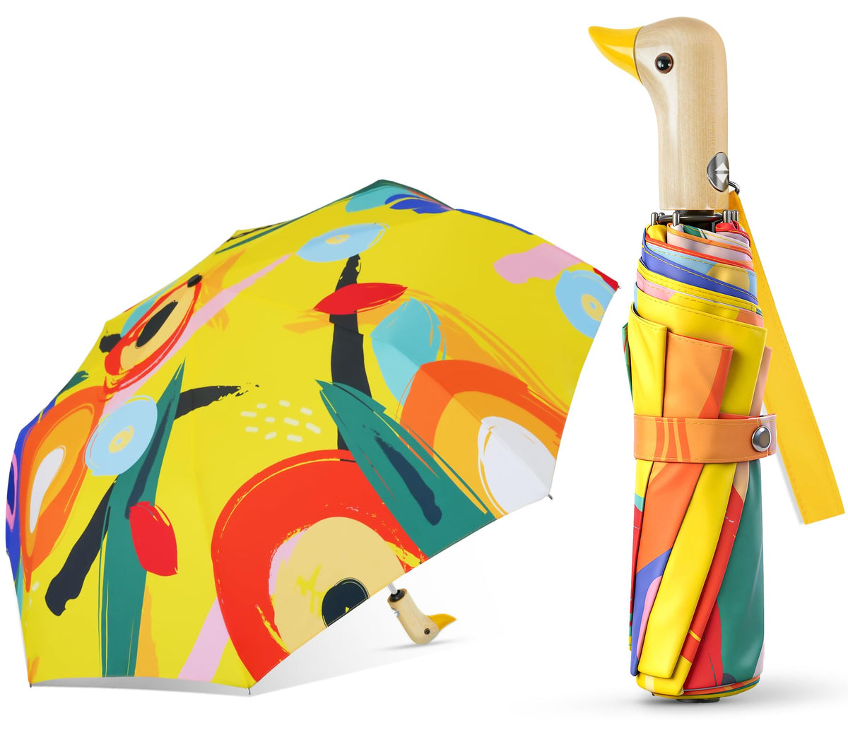 Duck Umbrella Cute Automatic Travel Size Compact Folding for Adults | Automatic duck wooden handle,Fit in handbag/backpack/suitcase,ideal gifts for women and kids