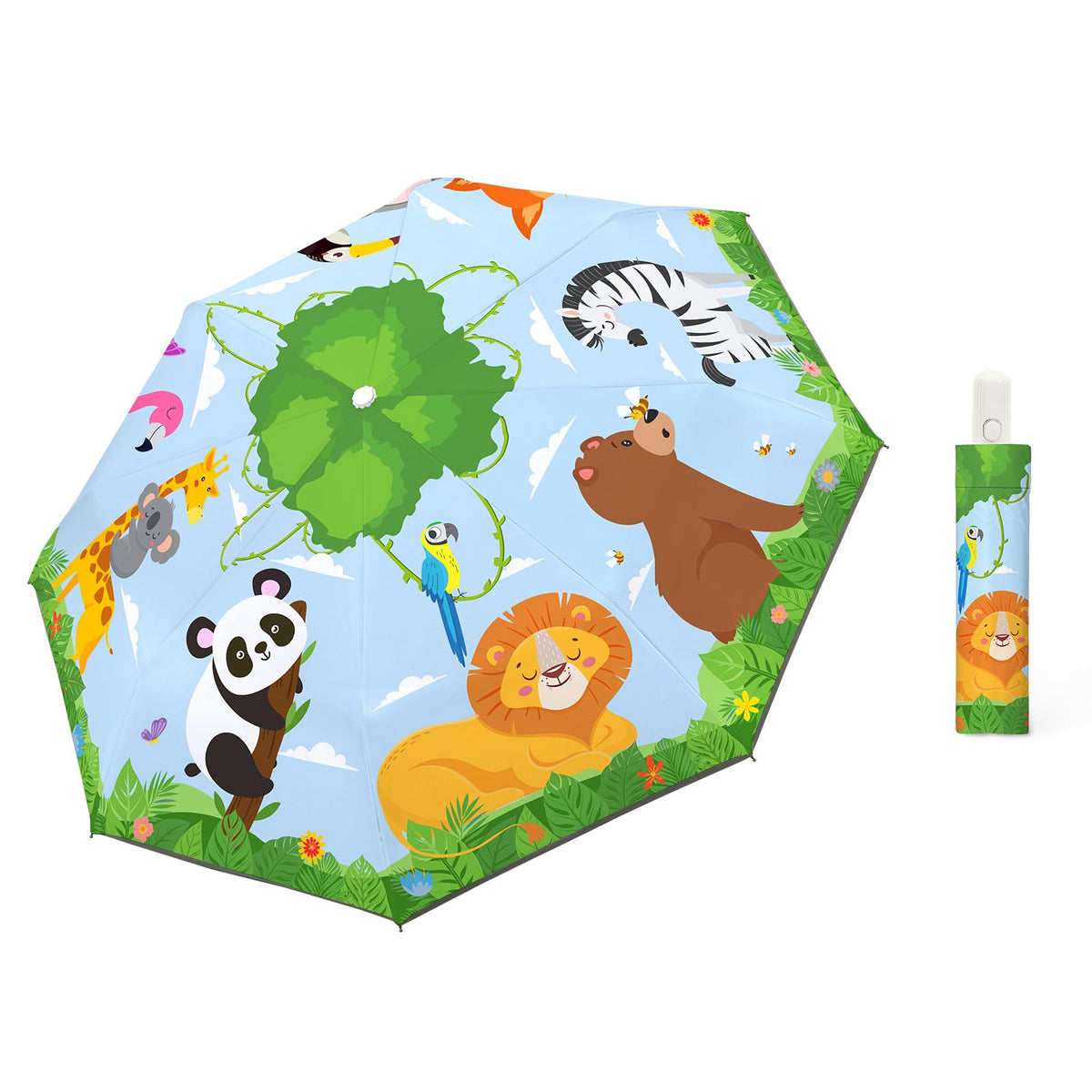 Autoamtic Kids Umbrella UV Resistant, Folding Compact Umbrella 360° Reflective Strip for Travel Outdoor, Lightweight Cute Kids Parasol Anti-rebound Safe for Toddler
