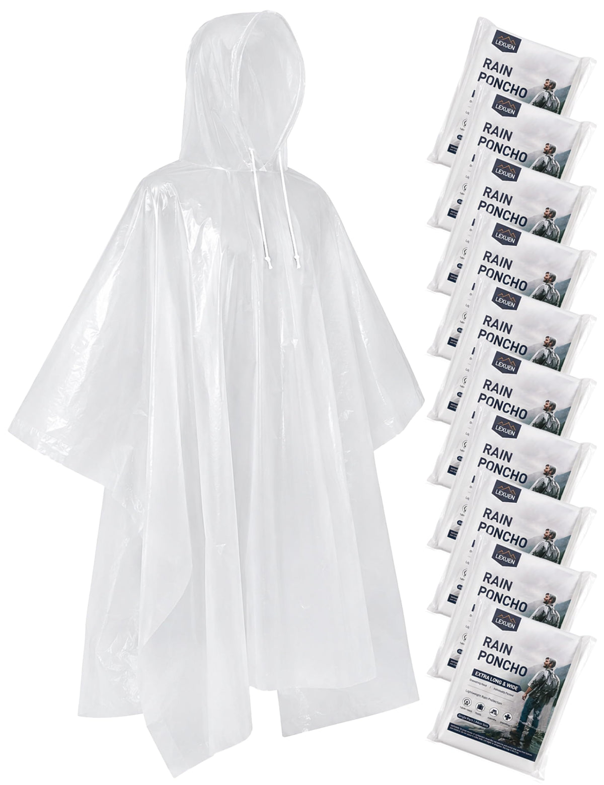 Disposable Rain Ponchos for Adults, Extra Long and Thickened with Drawstring Hood (5 Pack)