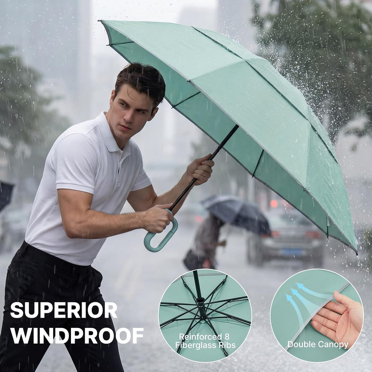 G4Free 46inch Ring Buckle Umbrella, Inverted Design with Carabiner Handle | Compact Travel Umbrella with Reflective Strip, Automatic Windproof for Rain