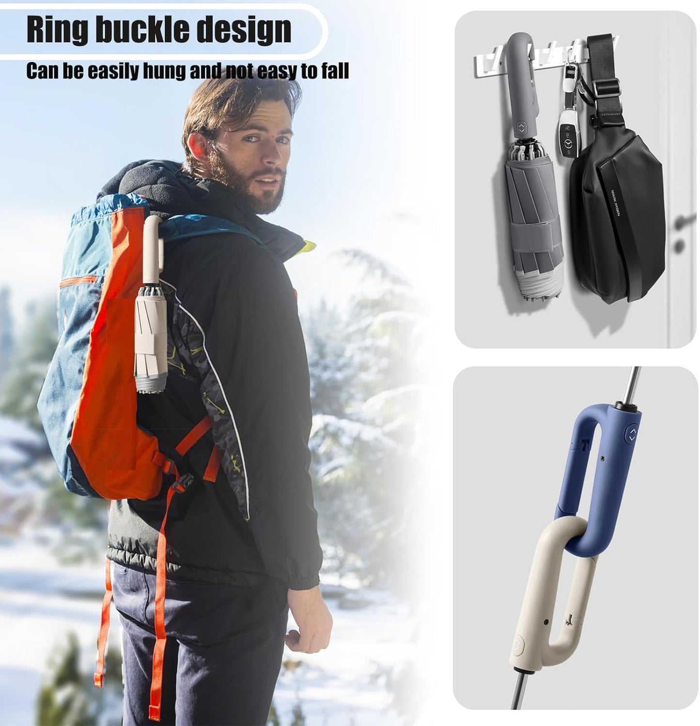 Ring Buckle Fully Automatic Umbrella, Reflective Safety Strip, Sturdy Windproof, Reverse Automatic, Travel Portable, Compact Folding (Blue)