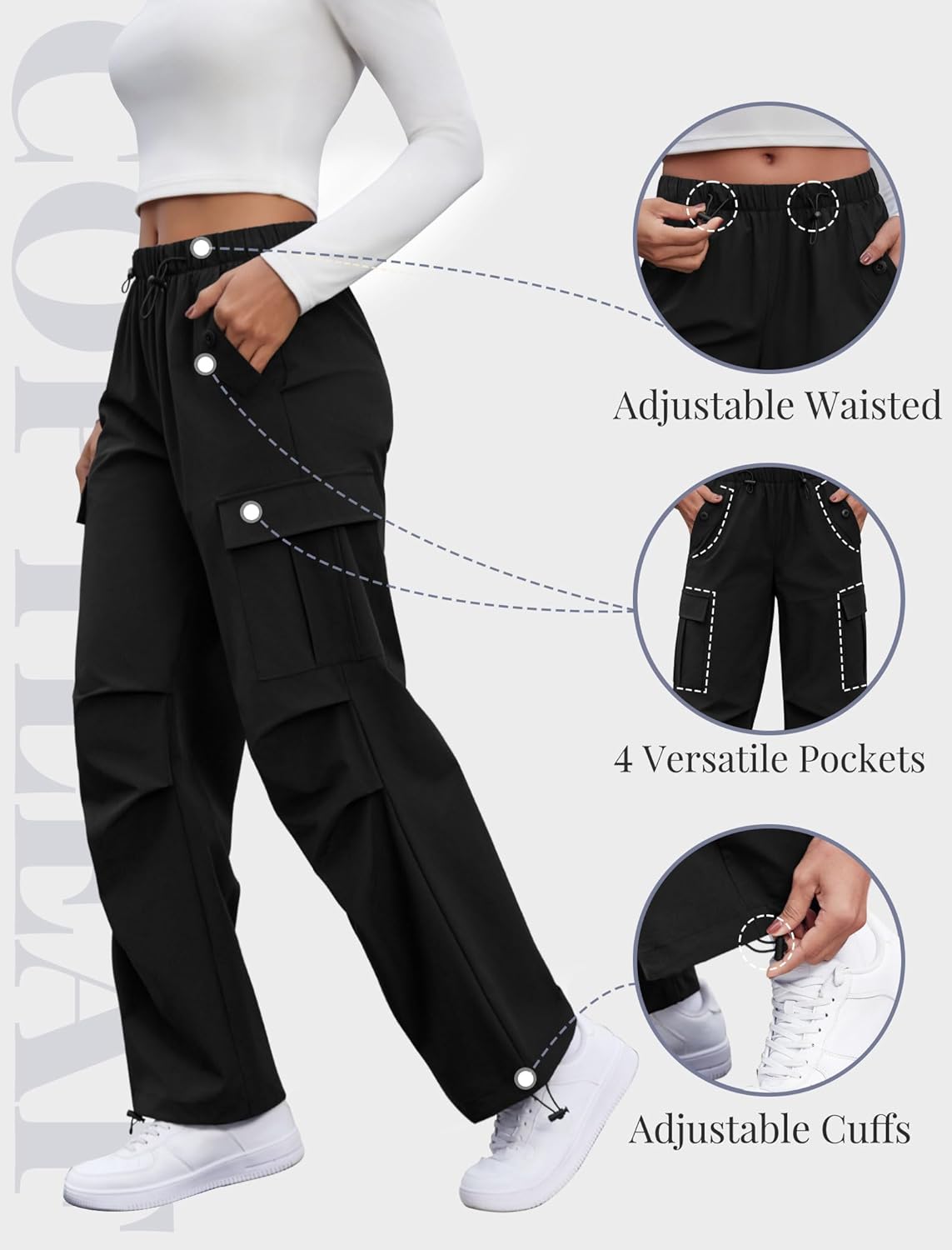 COPYLEAF Cargo Pants Women Parachute Baggy Hiking Pants with Pockets Travel | Water Resistant, Quick Dry, Lightweight, 4 Utility Pockets, Adjustable Waist & Cuffs for Camping Outdoor Casual Fishing