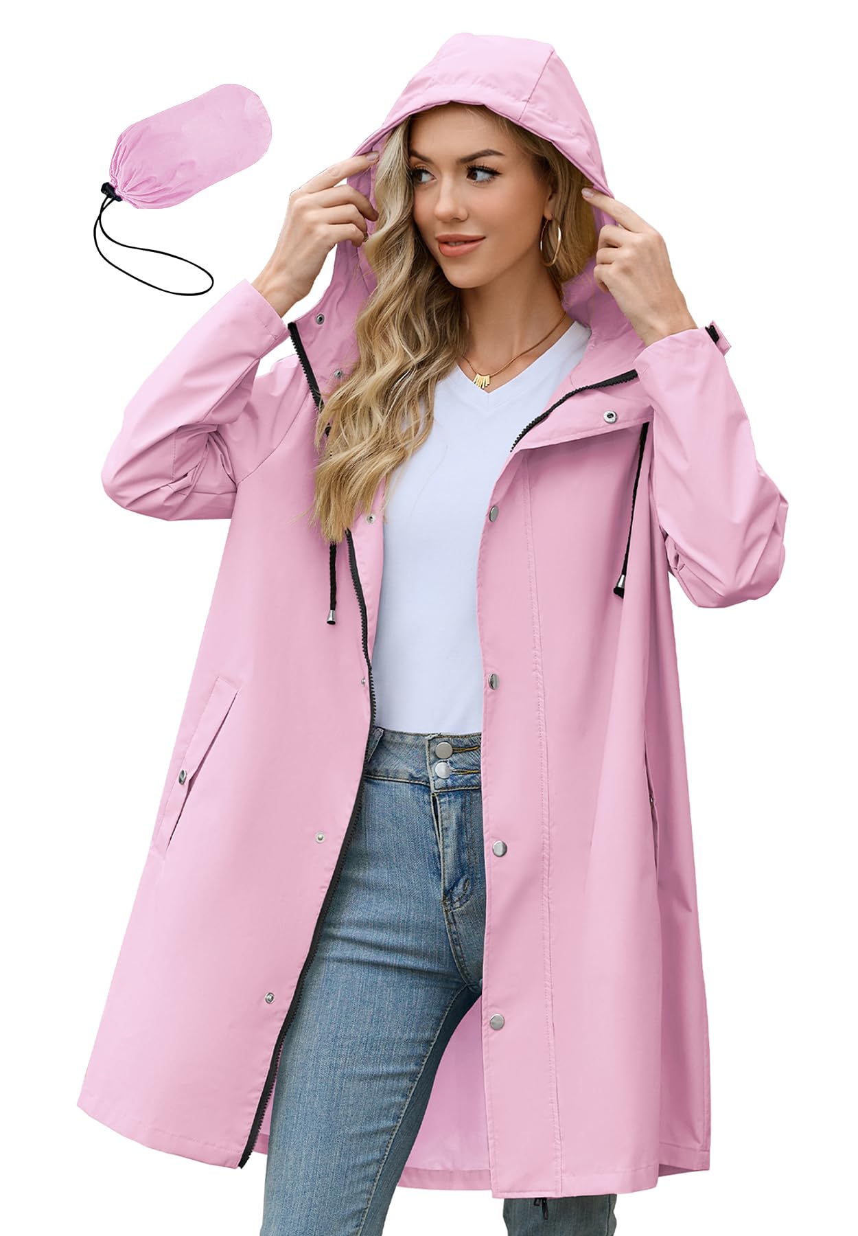 Zando Long Packable Rain Jacket Women Waterproof Raincoat with Hood | Relaxed-Fit Lightweight Windbreaker for Women; Travel Rain Coats for Commute, Hiking, Cruise, and Daily wear
