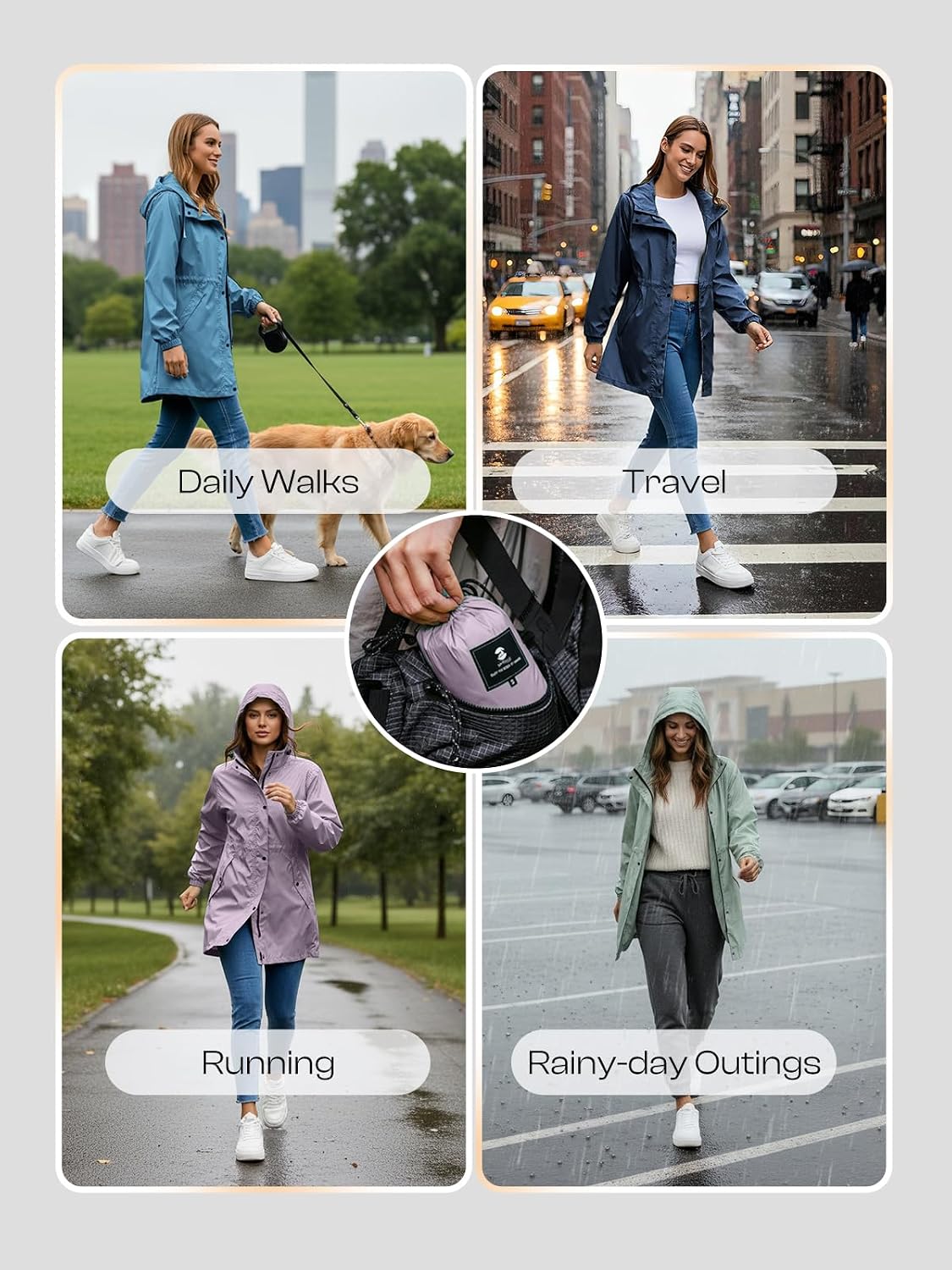 SaphiRose Women's Lightweight Long Rain Jacket Packable Raincoat Hooded Outdoor Trench Coats